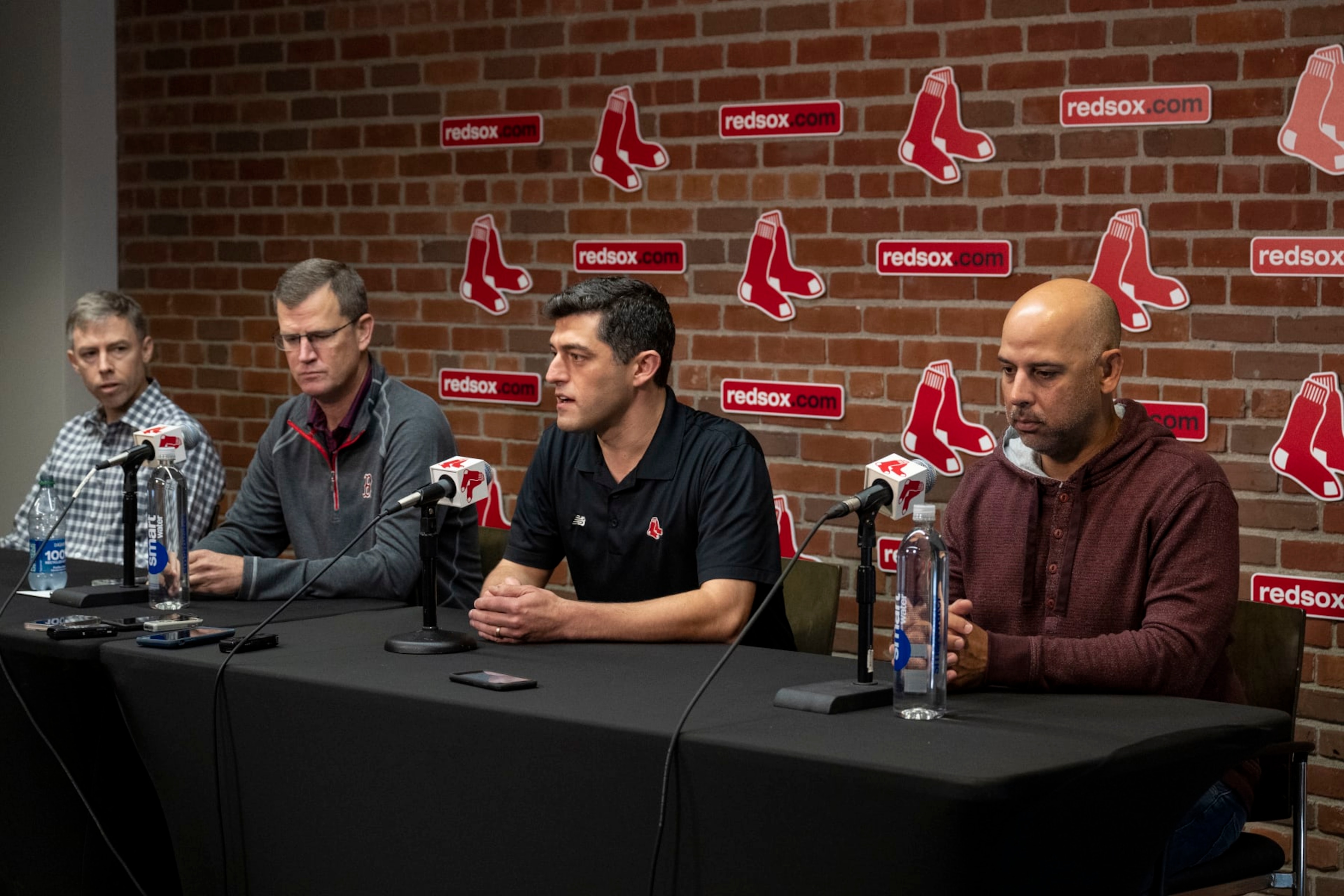 BOSTON, MA - OCTOBER 6: General Manager Brian OHalloran, President & CEO Sam Kennedy, Chief Baseball Officer Chaim Bloom, and Manager Alex Cora of the Boston Red Sox address the media during a press conference following the final game of the 2022 season on October 6, 2022 at Fenway Park in Boston, Massachusetts. (Photo by Billie Weiss/Boston Red Sox/Getty Images) BOSTON, MA - OCTOBER 6: General Manager Brian OHalloran, President & CEO Sam Kennedy, Chief Baseball Officer Chaim Bloom, and Manager Alex Cora of the Boston Red Sox address the media during a press conference following the final game of the 2022 season on October 6, 2022 at Fenway Park in Boston, Massachusetts. (Photo by Billie Weiss/Boston Red Sox/Getty Images)