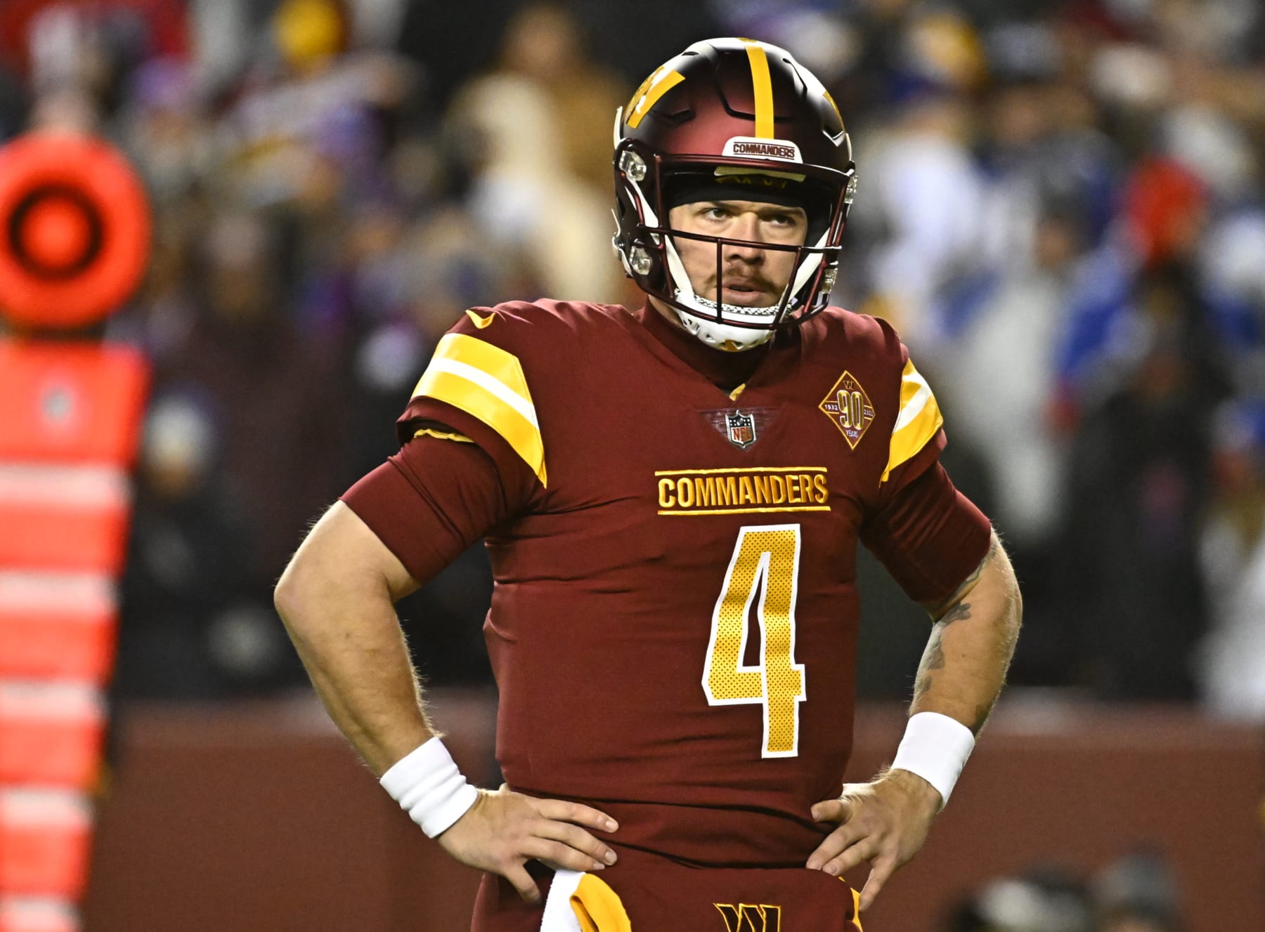 LANDOVER, MD - DECEMBER 18:Washington Commanders quarterback Taylor Heinicke (4) on the field during the second quarter of the game at FedEx Field on December 18, 2022 in Landover, MD.  (Photo by Katherine Frey/The Washington Post via Getty Images)
