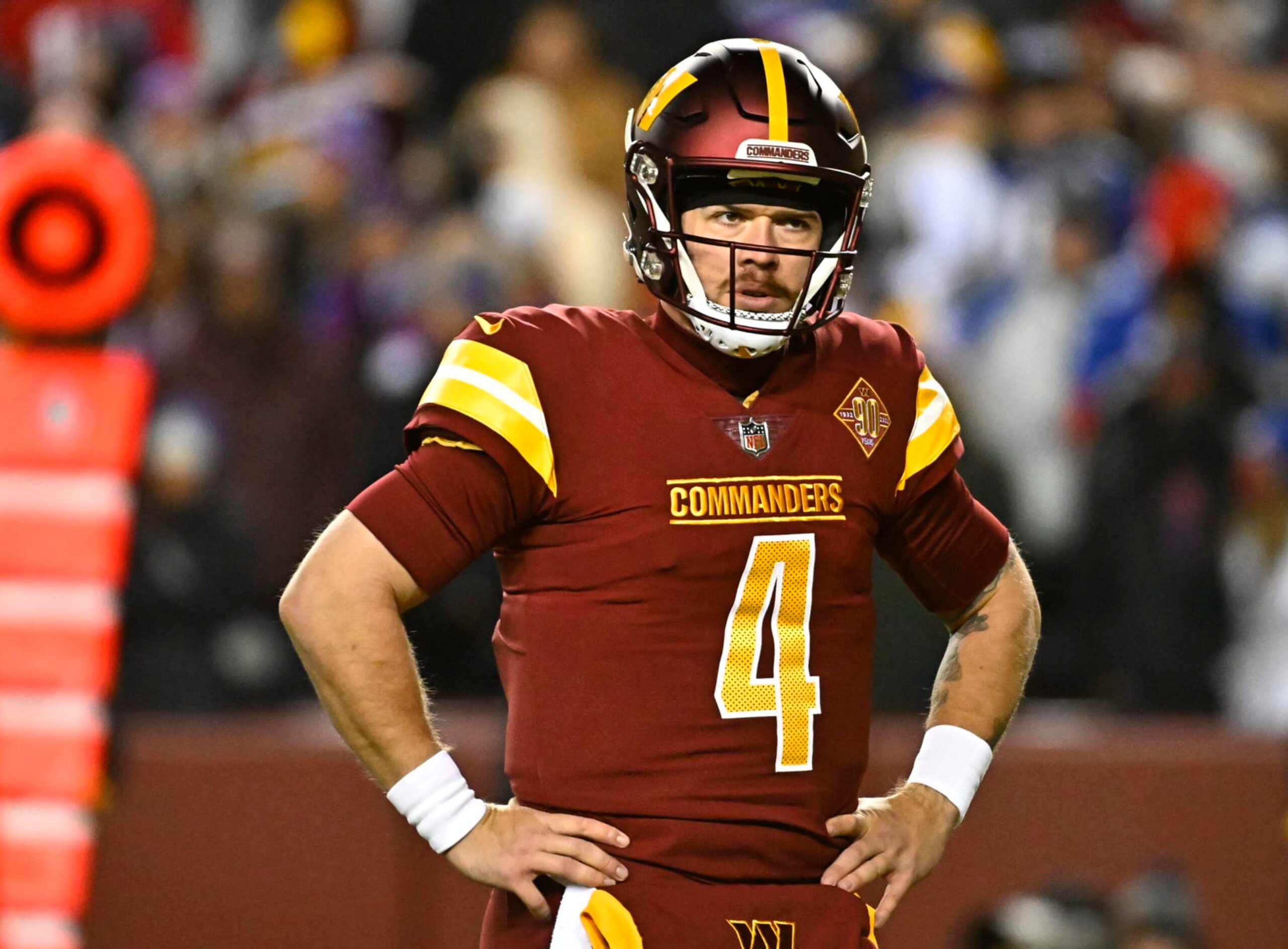 LANDOVER, MD - DECEMBER 18:Washington Commanders quarterback Taylor Heinicke (4) on the field during the second quarter of the game at FedEx Field on December 18, 2022 in Landover, MD. (Photo by Katherine Frey/The Washington Post via Getty Images) LANDOVER, MD - DECEMBER 18:Washington Commanders quarterback Taylor Heinicke (4) on the field during the second quarter of the game at FedEx Field on December 18, 2022 in Landover, MD. (Photo by Katherine Frey/The Washington Post via Getty Images)
