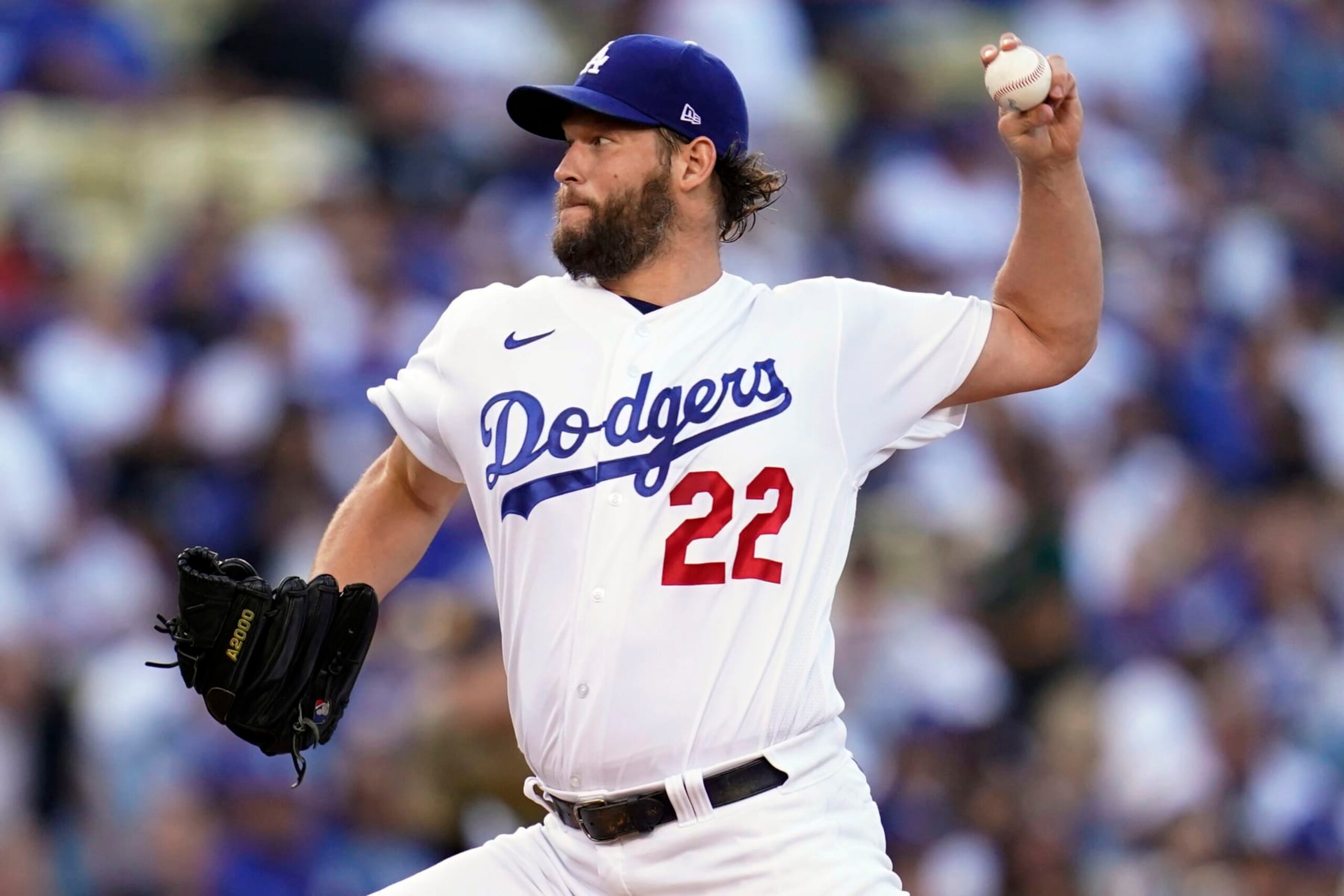 Los Angeles Dodgers starting pitcher Clayton Kershaw throws to a San Diego Padres batter during the first inning in Game 2 of a baseball NL Division Series, Wednesday, Oct. 12, 2022, in Los Angeles. (AP Photo/Ashley Landis)