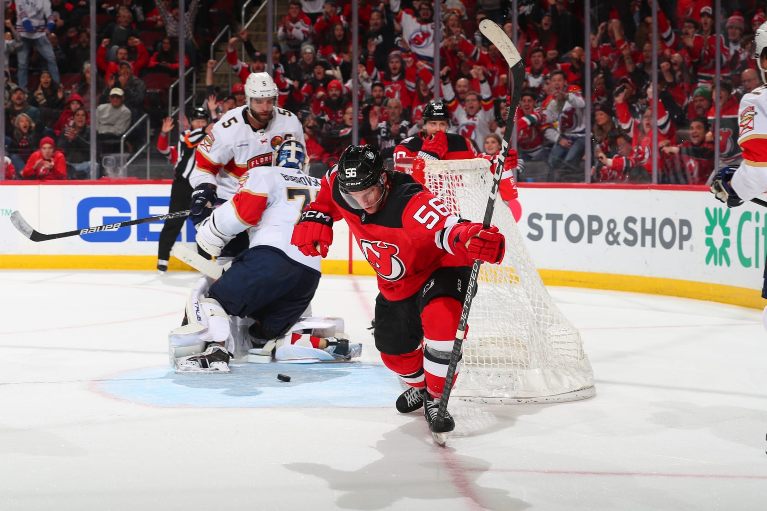 NEWARK, NJ - DECEMBER 17: Erik Haula #56 of the New Jersey Devils celebrates his goal in the third period of the game against the Florida Panthers on December 17, 2022 at the Prudential Center in Newark, New Jersey.  (Photo by Rich Graessle/NHLI via Getty Images)