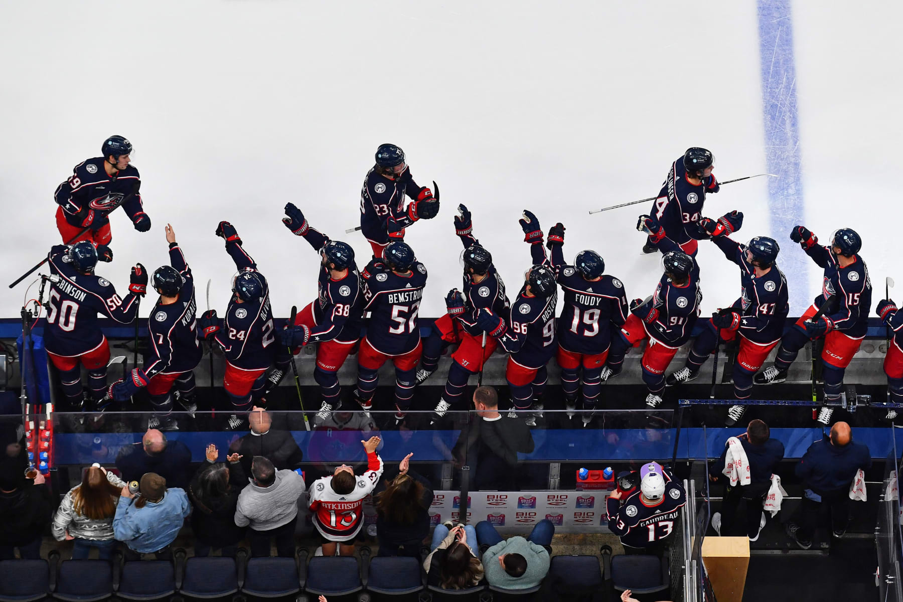 COLUMBUS, OHIO - NOVEMBER 17: Cole Sillinger #34 of the Columbus Blue Jackets celebrates his first period goal with his teammates during a game against the Montreal Canadiens at Nationwide Arena on November 17, 2022 in Columbus, Ohio. (Photo by Ben Jackson/NHLI via Getty Images)