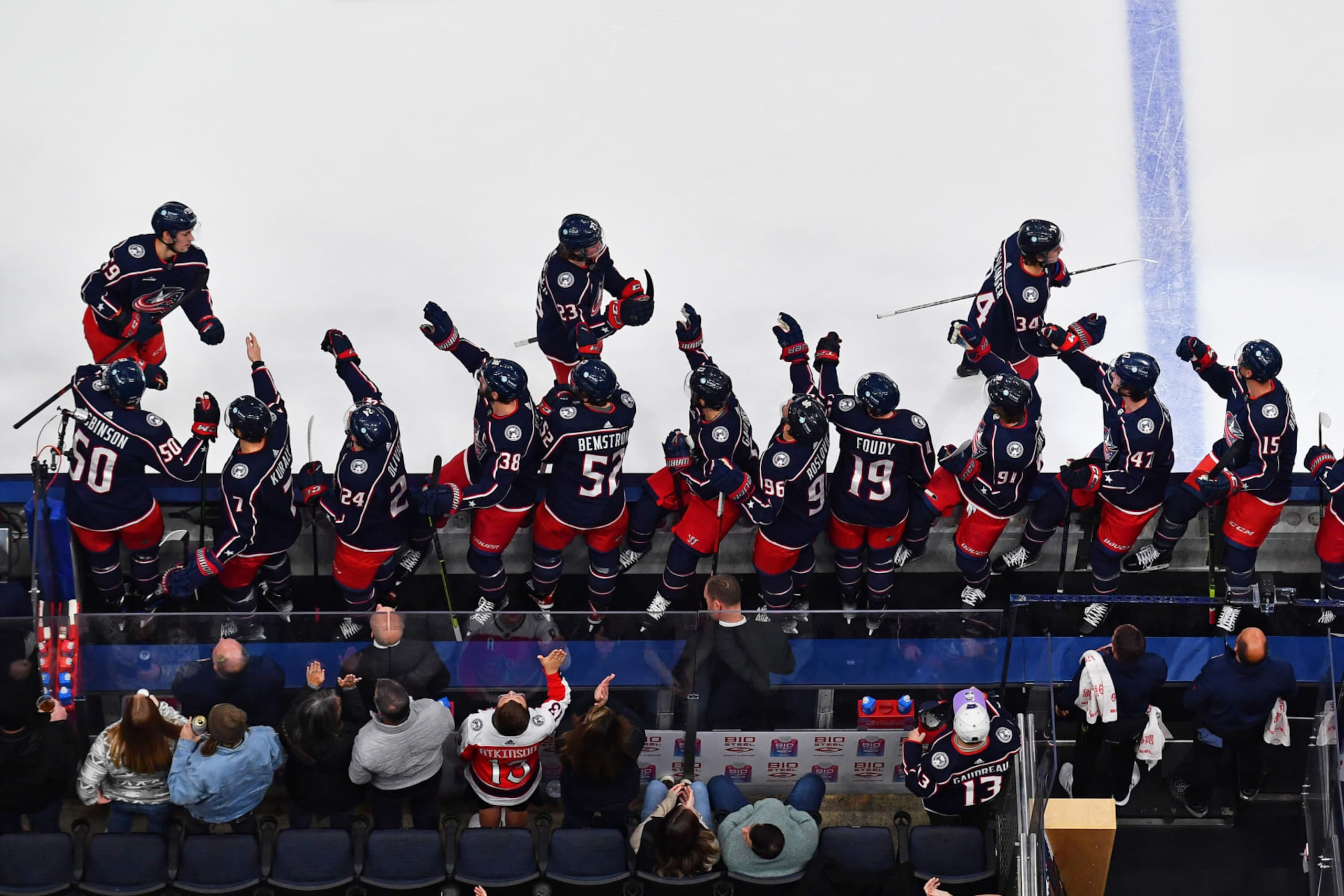COLUMBUS, OHIO - NOVEMBER 17: Cole Sillinger #34 of the Columbus Blue Jackets celebrates his first period goal with his teammates during a game against the Montreal Canadiens at Nationwide Arena on November 17, 2022 in Columbus, Ohio. (Photo by Ben Jackson/NHLI via Getty Images)
