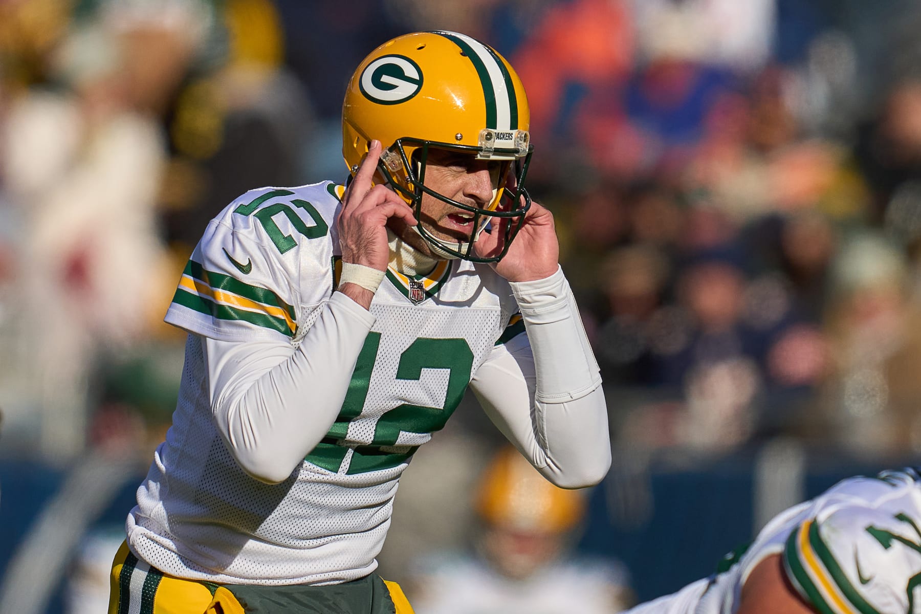 CHICAGO, IL - DECEMBER 04: Green Bay Packers quarterback Aaron Rodgers (12) looks on in action during a game between the Green Bay Packers and the Chicago Bears on December 04, 2022, at Soldier Field in Chicago, IL. (Photo by Robin Alam/Icon Sportswire via Getty Images)