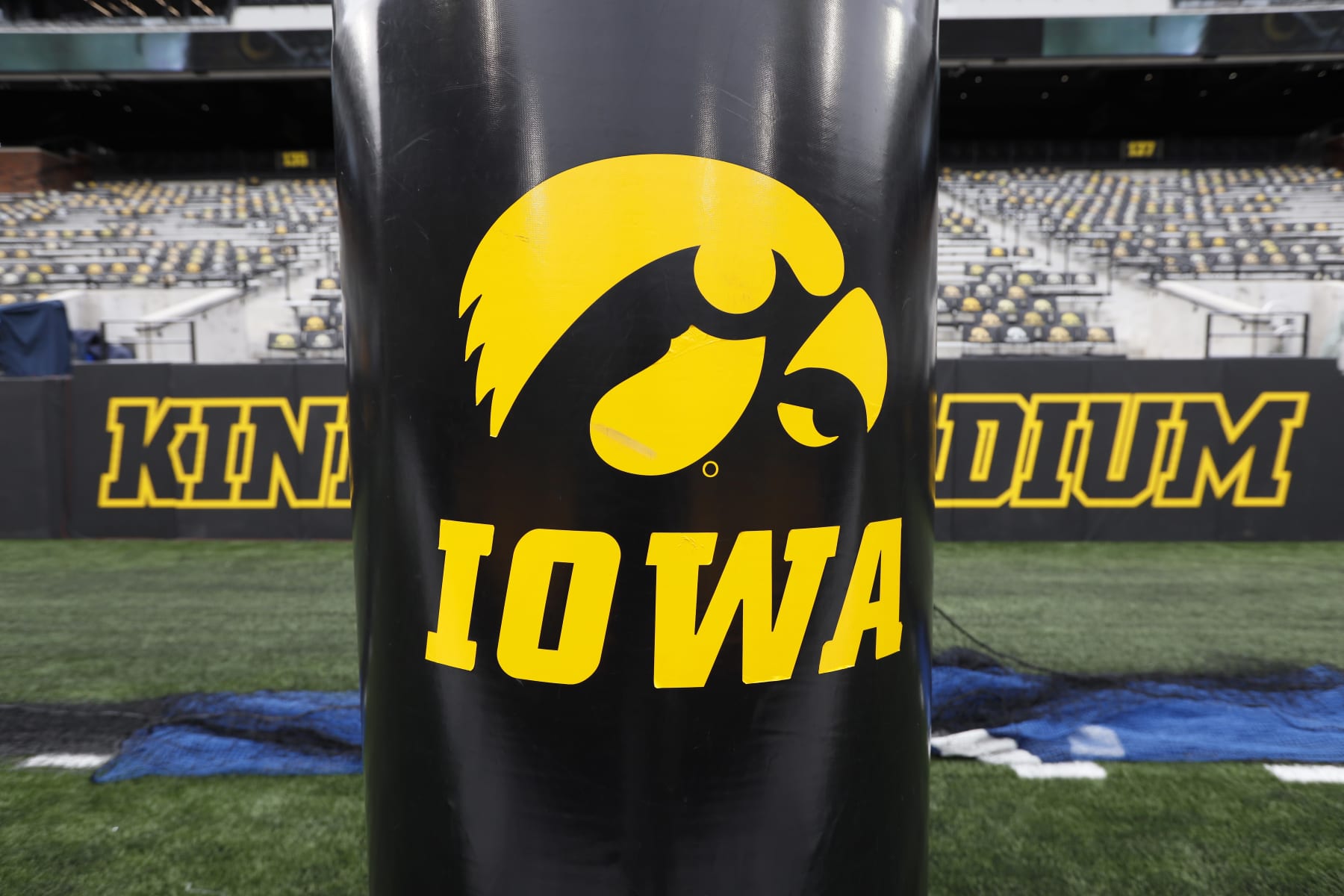 The Iowa Hawkeye Tiger Hawk logo is seen on a goalpost pad before an NCAA college football game between Iowa and Miami of Ohio, Saturday, Aug. 31, 2019, in Iowa City, Iowa. (AP Photo/Charlie Neibergall)