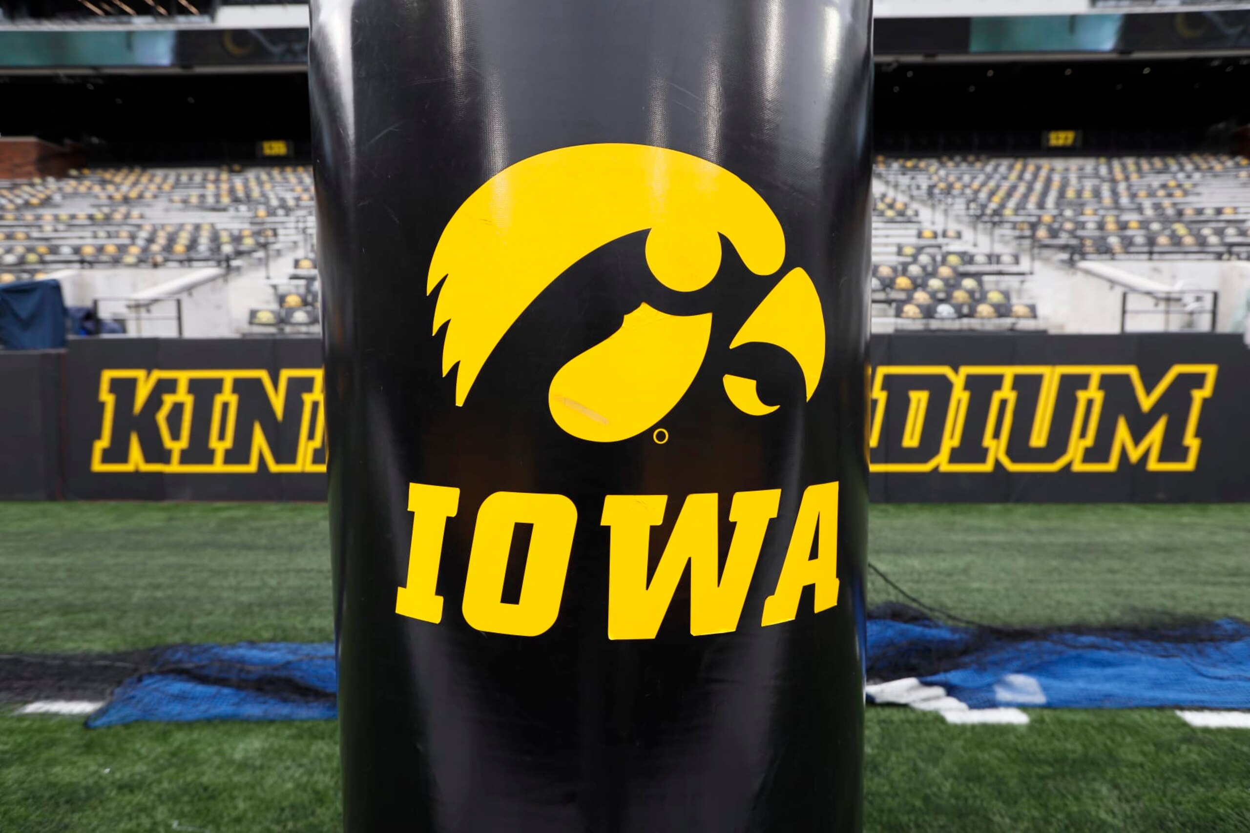 The Iowa Hawkeye Tiger Hawk logo is seen on a goalpost pad before an NCAA college football game between Iowa and Miami of Ohio, Saturday, Aug. 31, 2019, in Iowa City, Iowa. (AP Photo/Charlie Neibergall) The Iowa Hawkeye Tiger Hawk logo is seen on a goalpost pad before an NCAA college football game between Iowa and Miami of Ohio, Saturday, Aug. 31, 2019, in Iowa City, Iowa. (AP Photo/Charlie Neibergall)