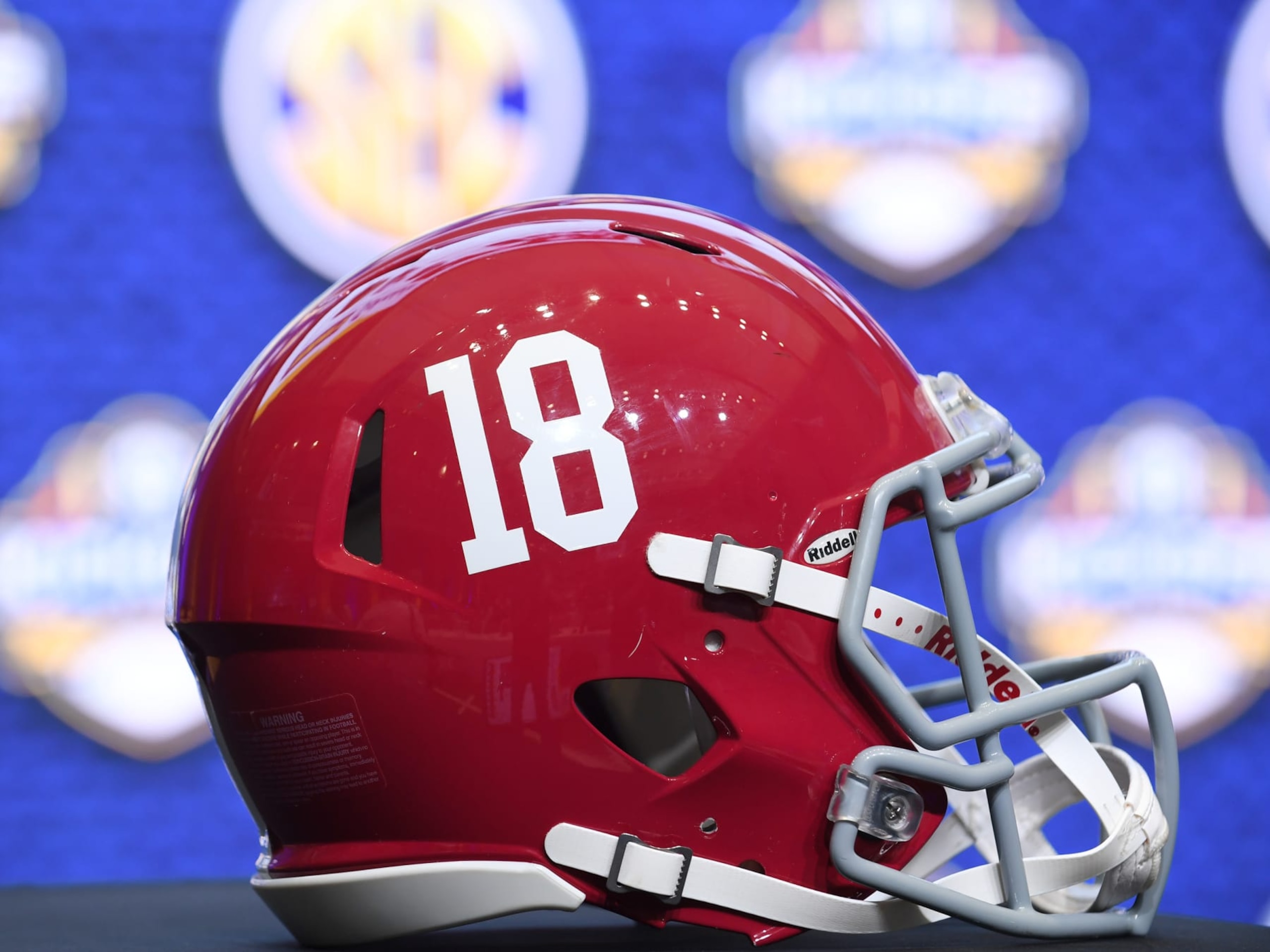 ATLANTA, GA - JULY 19: An Alabama Crimson Tide football helmet sits on the stage during the SEC Football Kickoff Media Days on July 19, 2022, at the College Football Hall of Fame in Atlanta, GA.(Photo by Jeffrey Vest/Icon Sportswire via Getty Images) ATLANTA, GA - JULY 19: An Alabama Crimson Tide football helmet sits on the stage during the SEC Football Kickoff Media Days on July 19, 2022, at the College Football Hall of Fame in Atlanta, GA.(Photo by Jeffrey Vest/Icon Sportswire via Getty Images)
