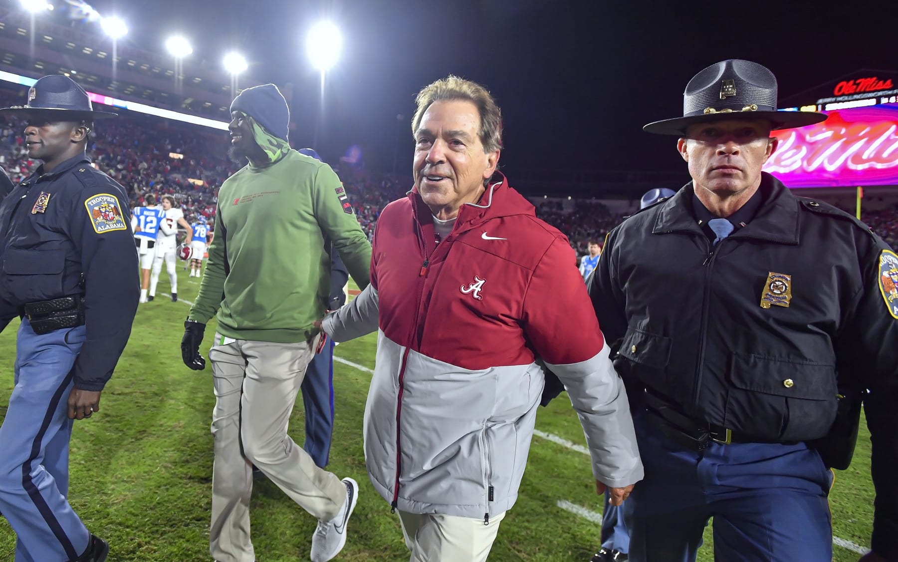 OXFORD, MS - NOVEMBER 12: Alabama Crimson Tide coach Nick Saban walks off the field after a college football game between the Alabama Crimson Tide and Mississippi Rebels at Vaught-Hemingway Stadium on Saturday, November 12, 2022 in Oxford, MS. (Photo by Austin McAfee/Icon Sportswire via Getty Images)