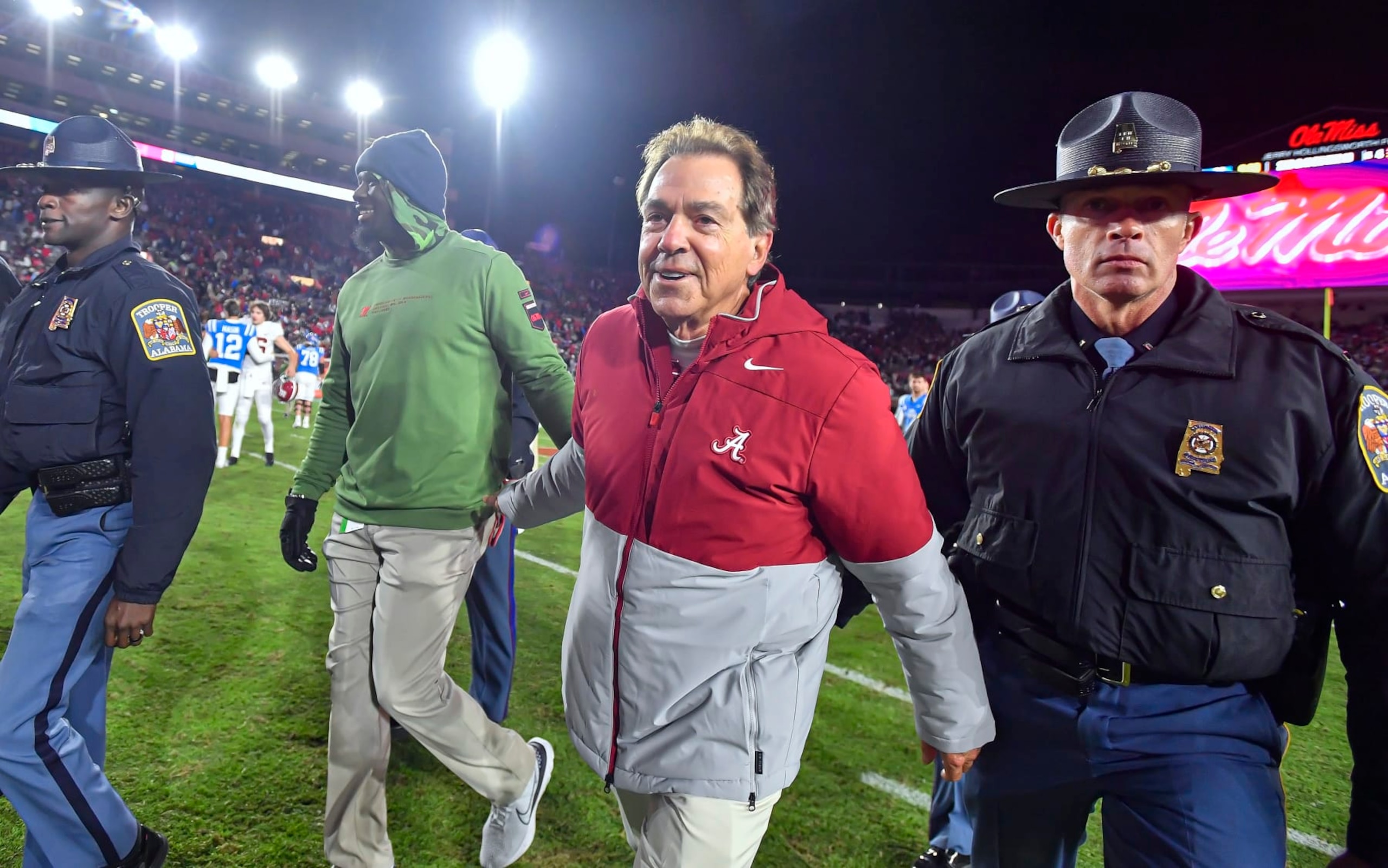 OXFORD, MS - NOVEMBER 12: Alabama Crimson Tide coach Nick Saban walks off the field after a college football game between the Alabama Crimson Tide and Mississippi Rebels at Vaught-Hemingway Stadium on Saturday, November 12, 2022 in Oxford, MS. (Photo by Austin McAfee/Icon Sportswire via Getty Images) OXFORD, MS - NOVEMBER 12: Alabama Crimson Tide coach Nick Saban walks off the field after a college football game between the Alabama Crimson Tide and Mississippi Rebels at Vaught-Hemingway Stadium on Saturday, November 12, 2022 in Oxford, MS. (Photo by Austin McAfee/Icon Sportswire via Getty Images)