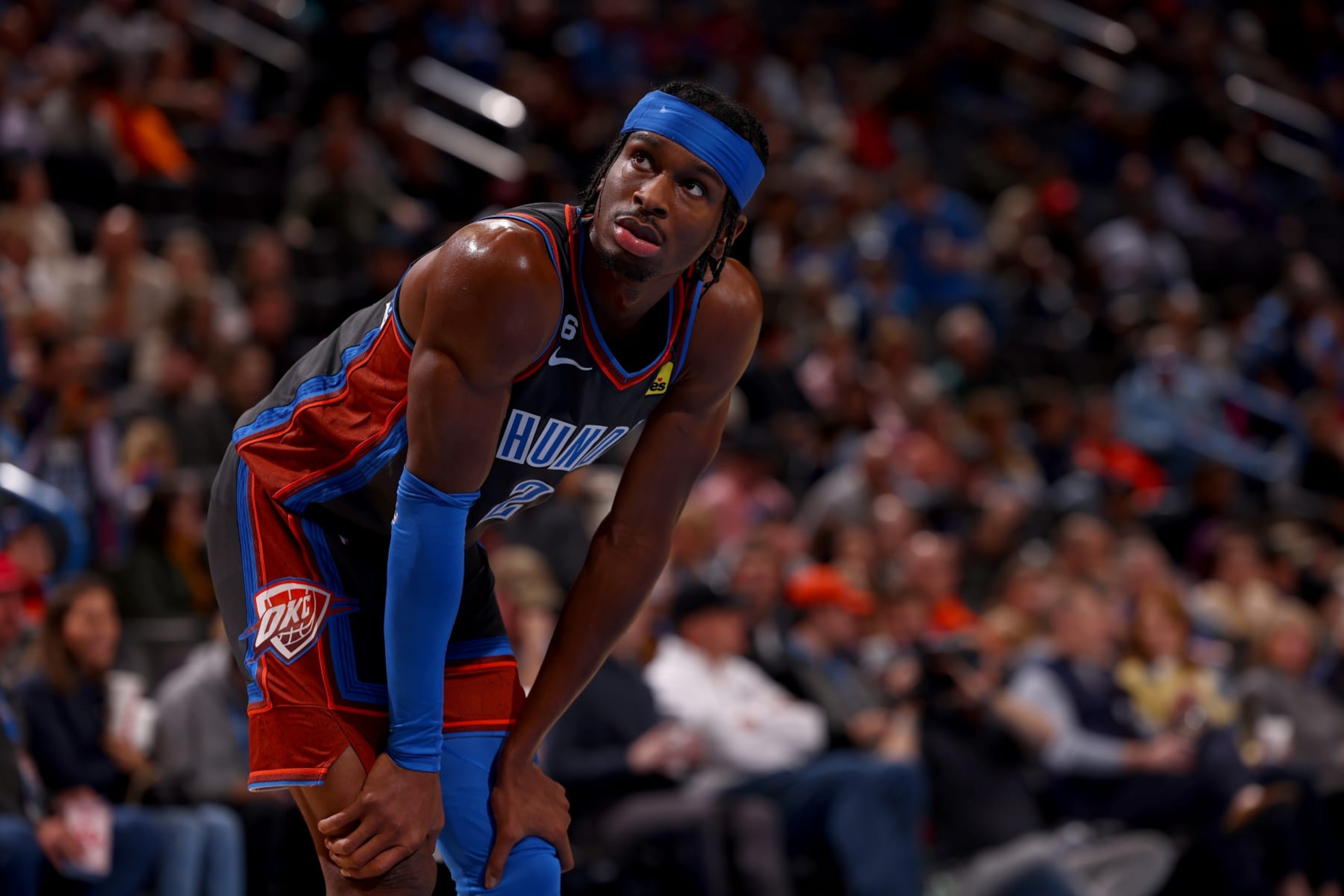 OKLAHOMA CITY, OK - DECEMBER 16: Shai Gilgeous-Alexander #2 of the Oklahoma City Thunder looks on during the game against the Minnesota Timberwolves on December 16, 2022 at Paycom Arena in Oklahoma City, Oklahoma. NOTE TO USER: User expressly acknowledges and agrees that, by downloading and or using this photograph, User is consenting to the terms and conditions of the Getty Images License Agreement. Mandatory Copyright Notice: Copyright 2022 NBAE (Photo by Zach Beeker/NBAE via Getty Images) OKLAHOMA CITY, OK - DECEMBER 16: Shai Gilgeous-Alexander #2 of the Oklahoma City Thunder looks on during the game against the Minnesota Timberwolves on December 16, 2022 at Paycom Arena in Oklahoma City, Oklahoma. NOTE TO USER: User expressly acknowledges and agrees that, by downloading and or using this photograph, User is consenting to the terms and conditions of the Getty Images License Agreement. Mandatory Copyright Notice: Copyright 2022 NBAE (Photo by Zach Beeker/NBAE via Getty Images)