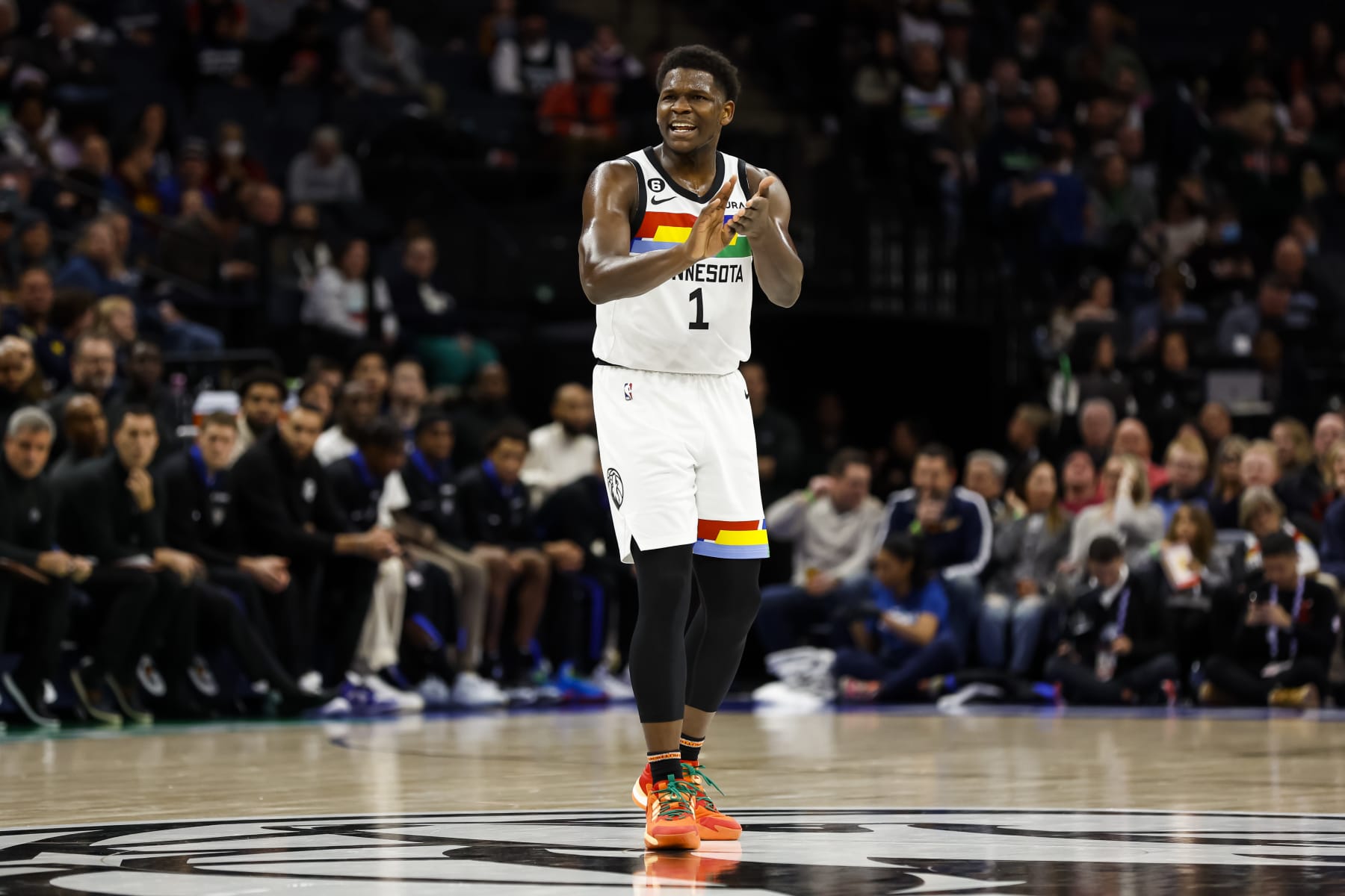 MINNEAPOLIS, MN - DECEMBER 18: Anthony Edwards #1 of the Minnesota Timberwolves reacts to a call on the court in the first quarter of the game against the Chicago Bulls at Target Center on December 18, 2022 in Minneapolis, Minnesota. NOTE TO USER: User expressly acknowledges and agrees that, by downloading and or using this Photograph, user is consenting to the terms and conditions of the Getty Images License Agreement. (Photo by David Berding/Getty Images)