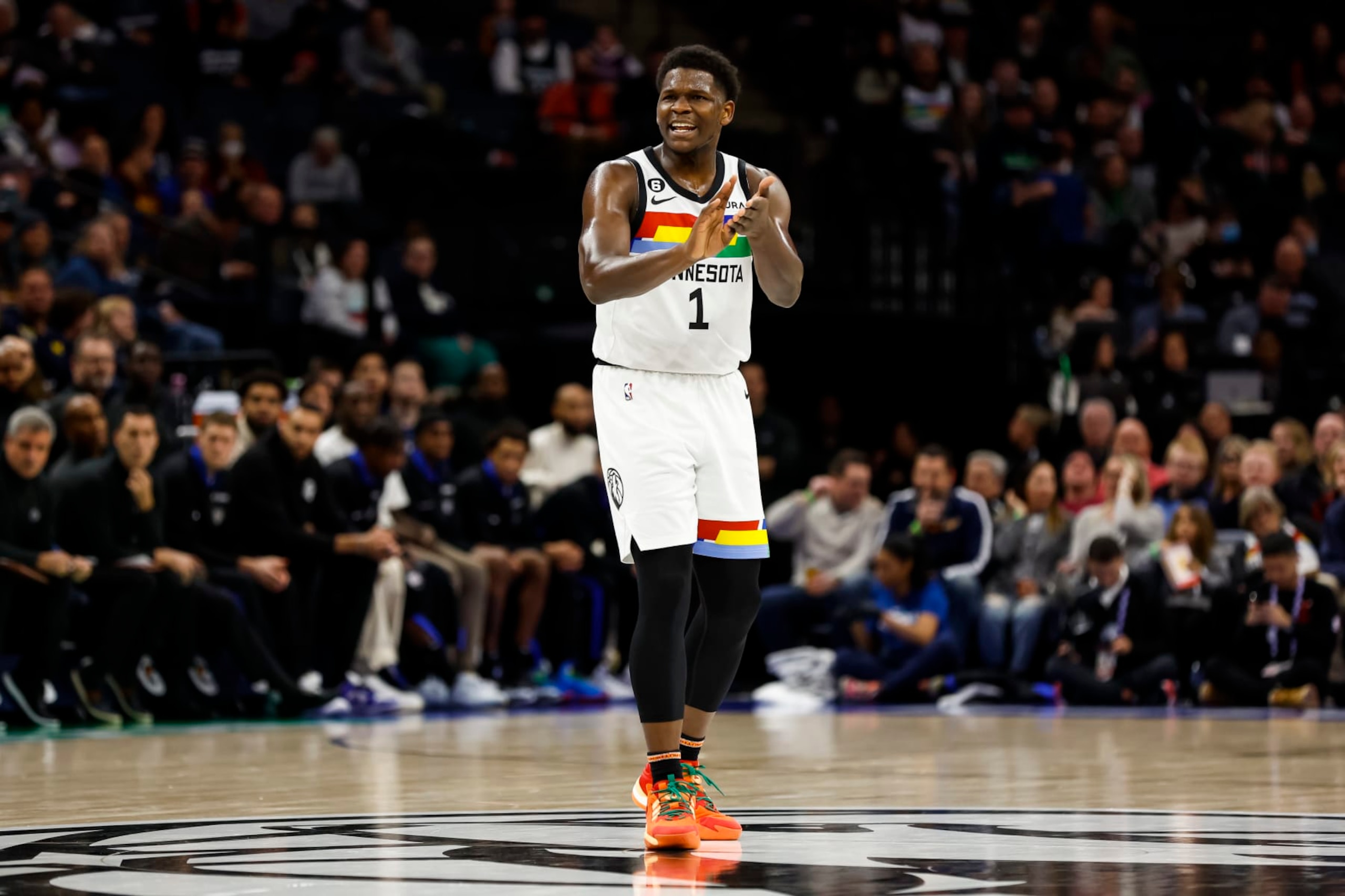 MINNEAPOLIS, MN - DECEMBER 18: Anthony Edwards #1 of the Minnesota Timberwolves reacts to a call on the court in the first quarter of the game against the Chicago Bulls at Target Center on December 18, 2022 in Minneapolis, Minnesota. NOTE TO USER: User expressly acknowledges and agrees that, by downloading and or using this Photograph, user is consenting to the terms and conditions of the Getty Images License Agreement. (Photo by David Berding/Getty Images)