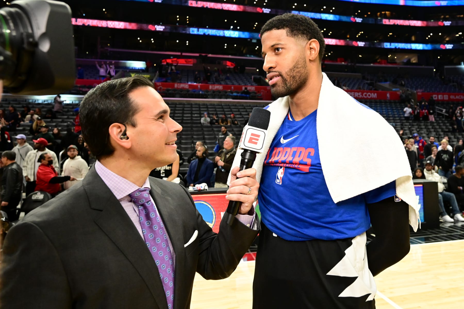 LOS ANGELES, CA - DECEMBER 14: Paul George #13 of the LA Clippers is interviewed after the game against the Minnesota Timberwolves on December 14, 2022 at Crypto.Com Arena in Los Angeles, California. NOTE TO USER: User expressly acknowledges and agrees that, by downloading and/or using this Photograph, user is consenting to the terms and conditions of the Getty Images License Agreement. Mandatory Copyright Notice: Copyright 2022 NBAE (Photo by Adam Pantozzi/NBAE via Getty Images)