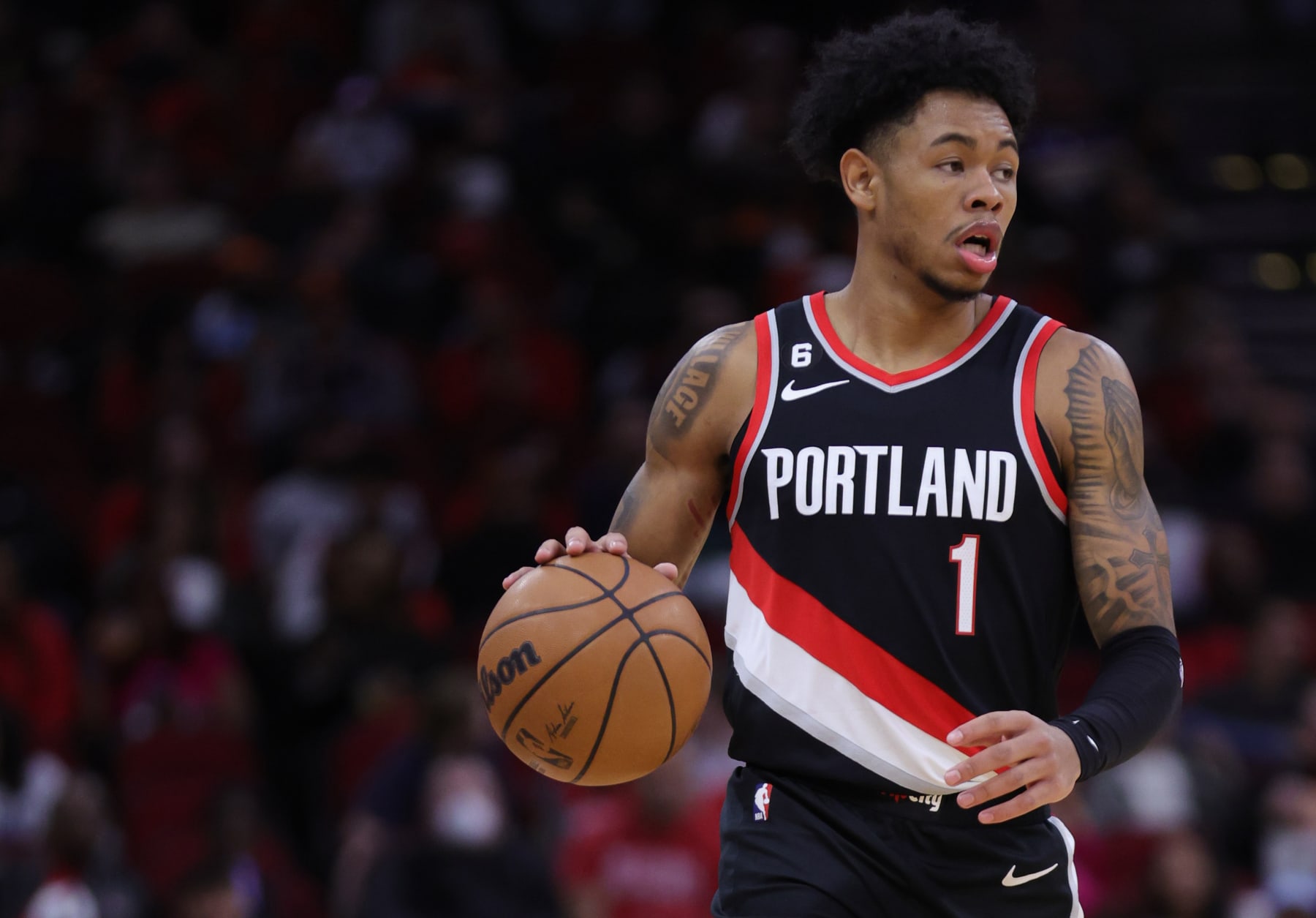 HOUSTON, TEXAS - DECEMBER 17: Anfernee Simons #1 of the Portland Trail Blazers in action against the Houston Rockets  at Toyota Center on December 17, 2022 in Houston, Texas. NOTE TO USER: User expressly acknowledges and agrees that, by downloading and or using this photograph, User is consenting to the terms and conditions of the Getty Images License Agreement. (Photo by Carmen Mandato/Getty Images)