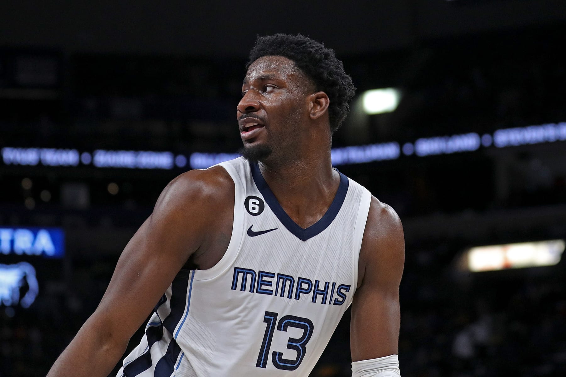 MEMPHIS, TENNESSEE - DECEMBER 12: Jaren Jackson Jr. #13 of the Memphis Grizzlies during the game against the Atlanta Hawks at FedExForum on December 12, 2022 in Memphis, Tennessee. NOTE TO USER: User expressly acknowledges and agrees that, by downloading and or using this photograph, User is consenting to the terms and conditions of the Getty Images License Agreement. (Photo by Justin Ford/Getty Images)