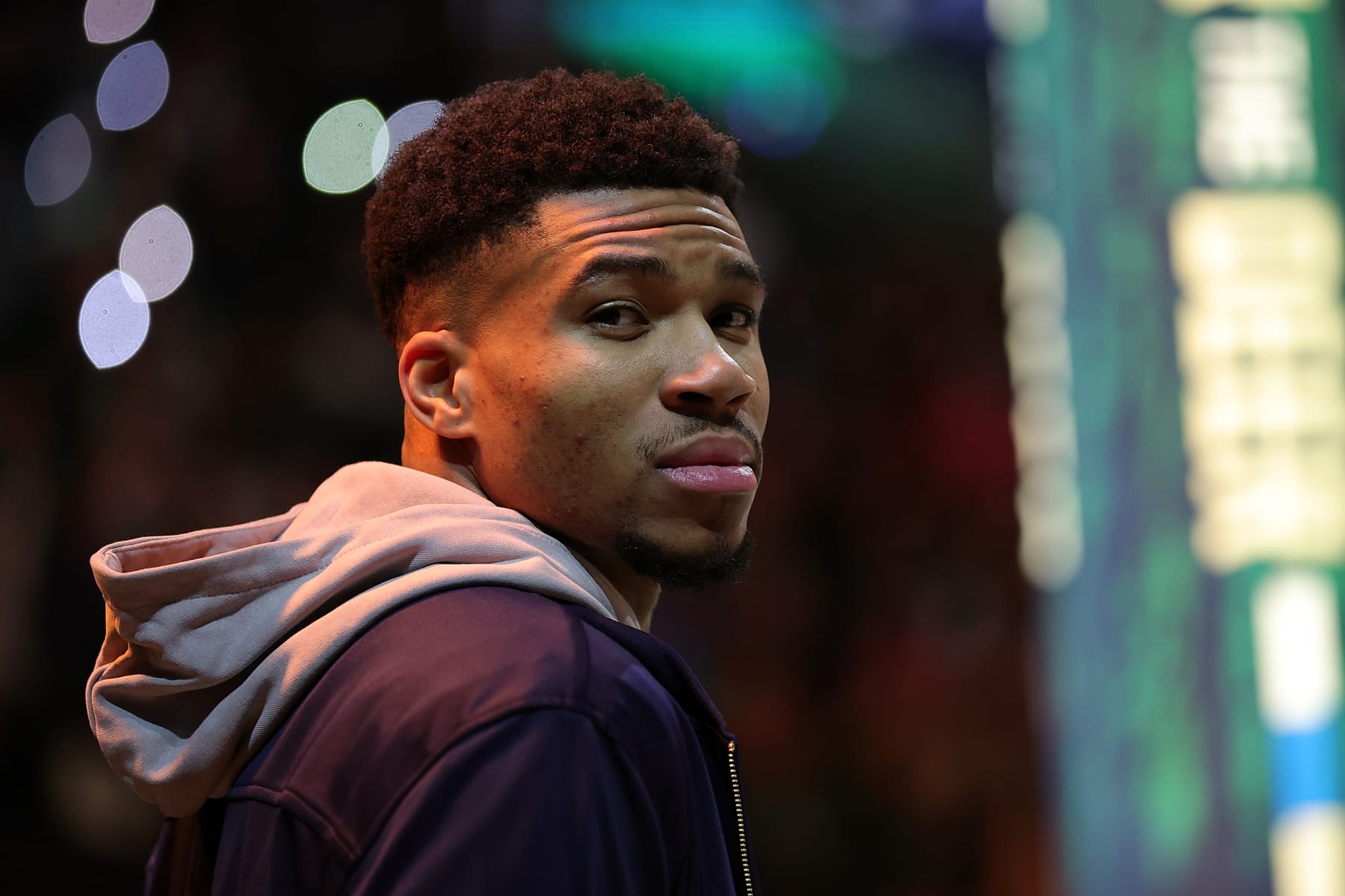 MILWAUKEE, WISCONSIN - DECEMBER 17: Giannis Antetokounmpo #34 of the Milwaukee Bucks watches player introductions prior to a game against the Utah Jazz at Fiserv Forum on December 17, 2022 in Milwaukee, Wisconsin. NOTE TO USER: User expressly acknowledges and agrees that, by downloading and or using this photograph, User is consenting to the terms and conditions of the Getty Images License Agreement. (Photo by Stacy Revere/Getty Images)