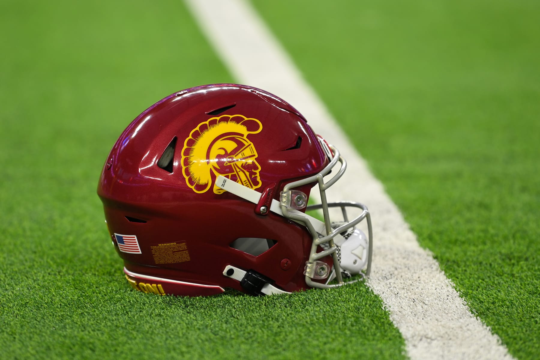 LAS VEGAS, NV - DECEMBER 02: A USC helmet on the field before the Pac-12 Conference championship game between the Utah Utes and the USC Trojans at Allegiant Stadium on December 2, 2022 in Las Vegas, Nevada. (Photo by Brian Rothmuller/Icon Sportswire via Getty Images)
