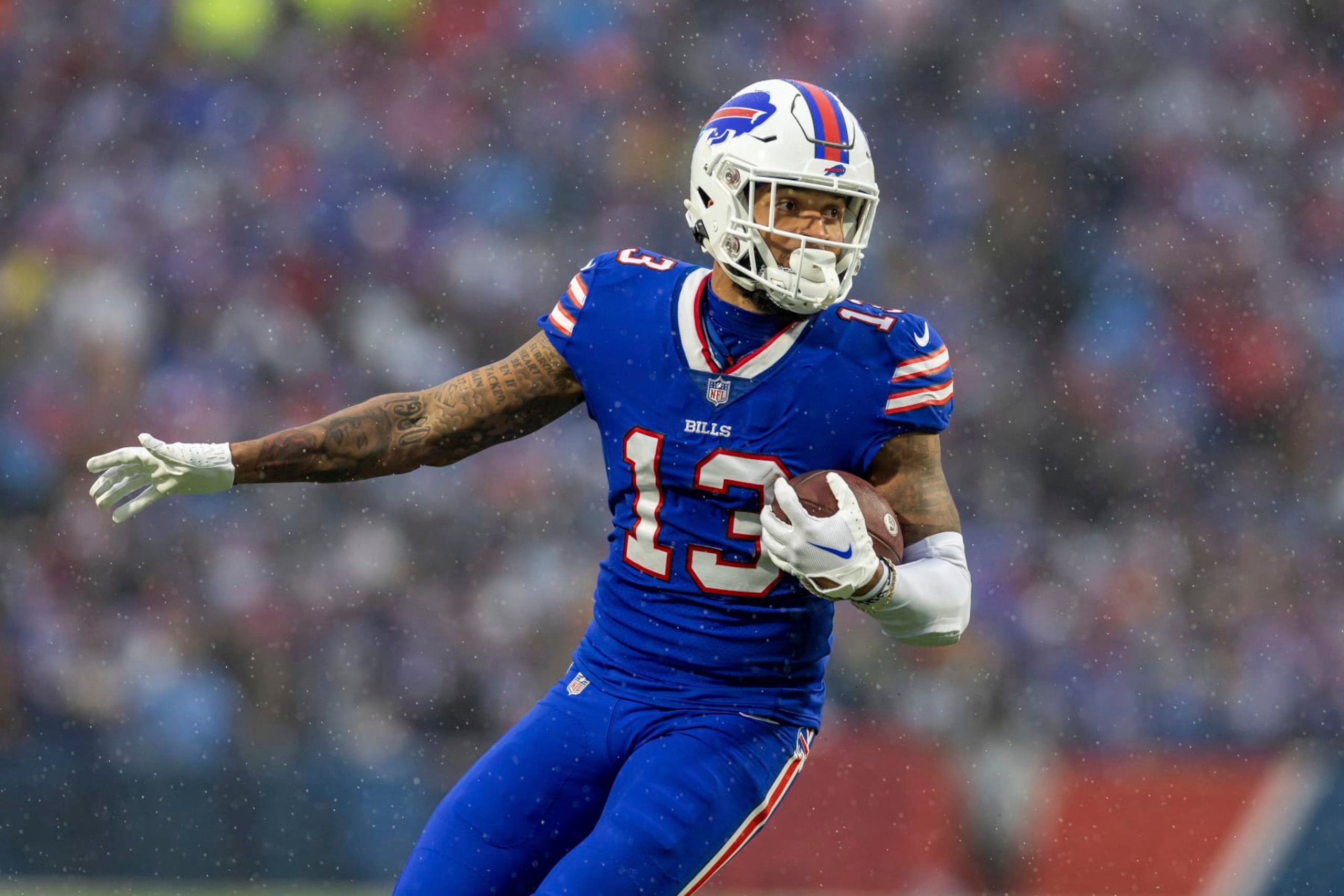 Buffalo Bills wide receiver Gabe Davis (13) catches a pass and runs against the New York Jets in an NFL football game, Sunday, Dec. 11, 2022, in Orchard Park, N.Y. Bills won 20-12. (AP Photo/Jeff Lewis)
