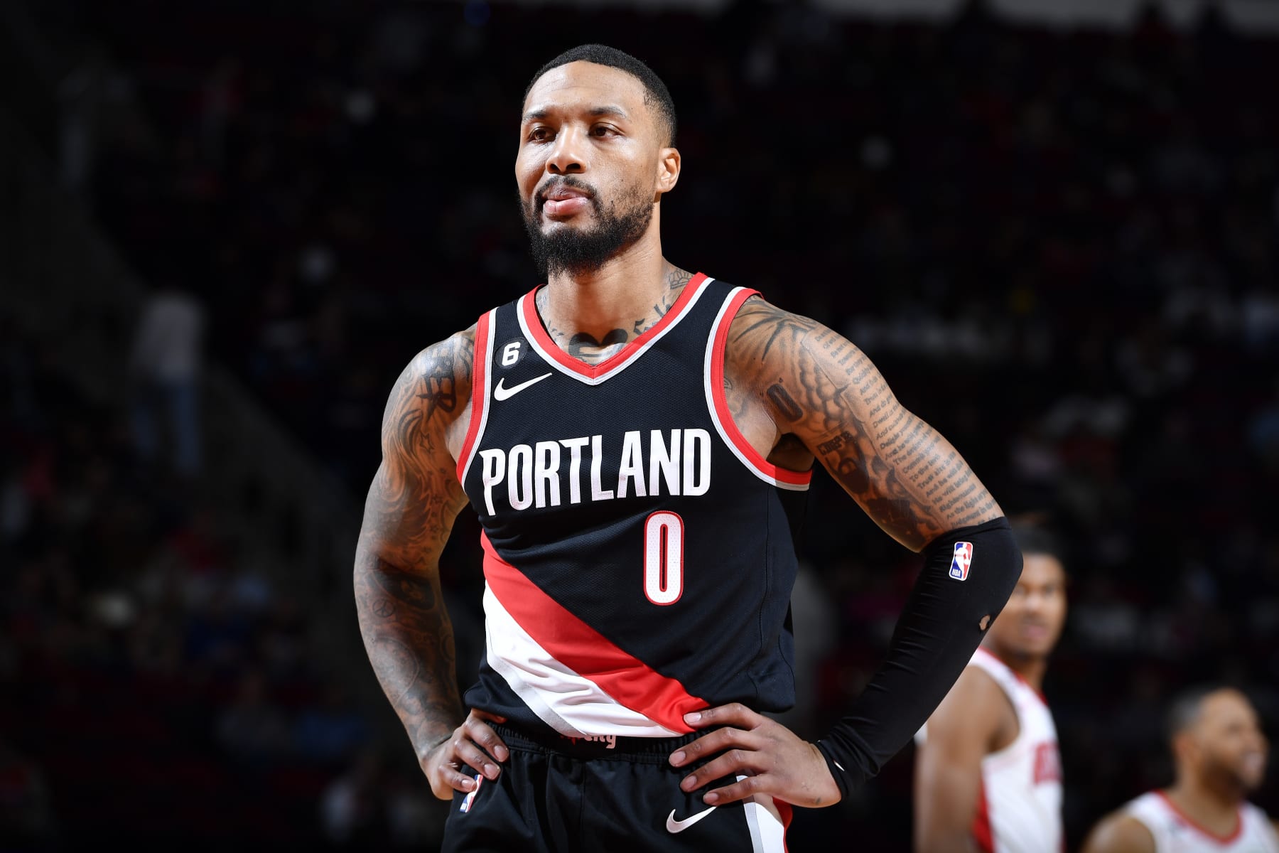 HOUSTON, TX - DECEMBER 17: Damian Lillard #0 of the Portland Trail Blazers looks on during the game against the Houston Rockets  on December 17, 2022 at the Toyota Center in Houston, Texas. NOTE TO USER: User expressly acknowledges and agrees that, by downloading and or using this photograph, User is consenting to the terms and conditions of the Getty Images License Agreement. Mandatory Copyright Notice: Copyright 2022 NBAE (Photo by Logan Riely/NBAE via Getty Images)