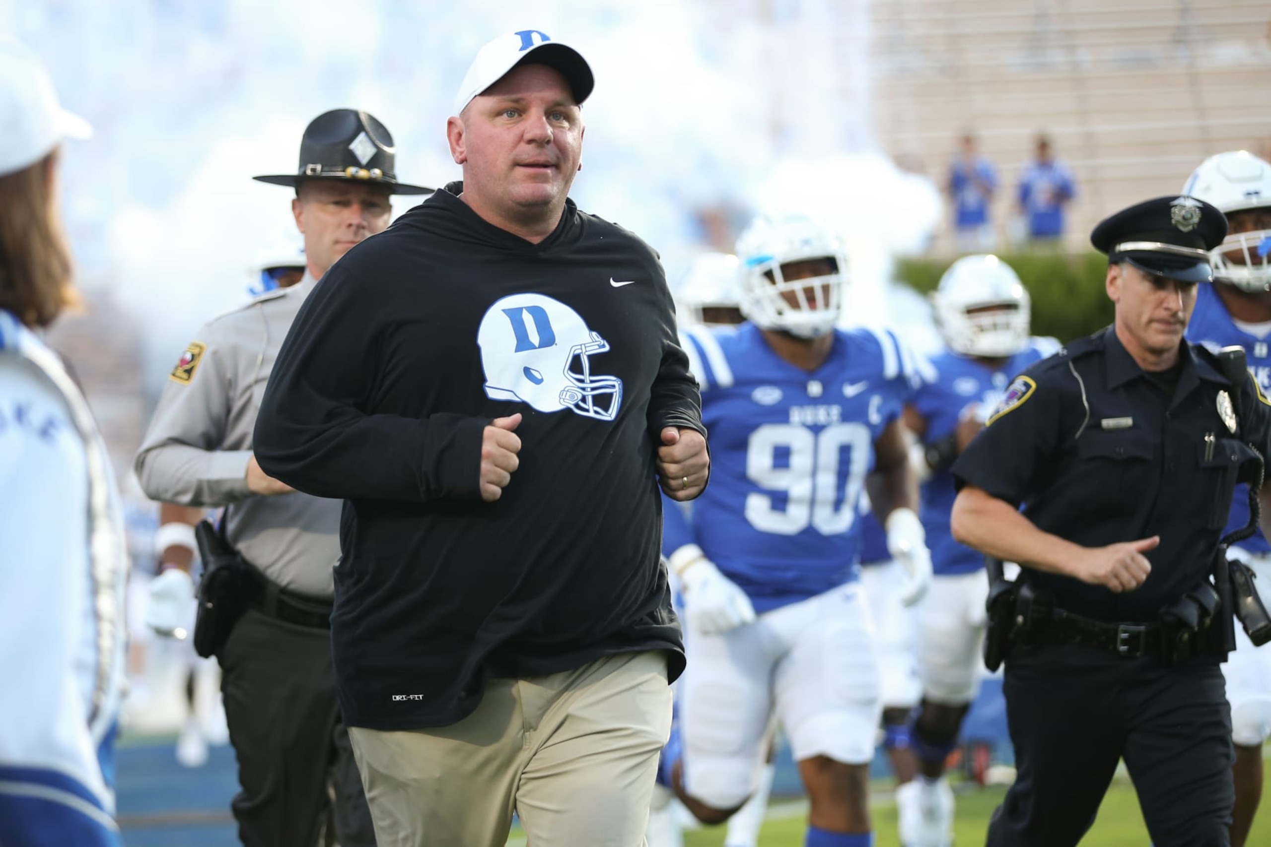 DURHAM, NC - SEPTEMBER 02: Duke Blue Devils head coach Mike Elko takes the field during the college football game between the Duke Blue Devils and the Temple Owls on September 2, 2022, in Wallace Wade Stadium in Durham, NC. (Photo by Nicholas Faulkner/Icon Sportswire via Getty Images)