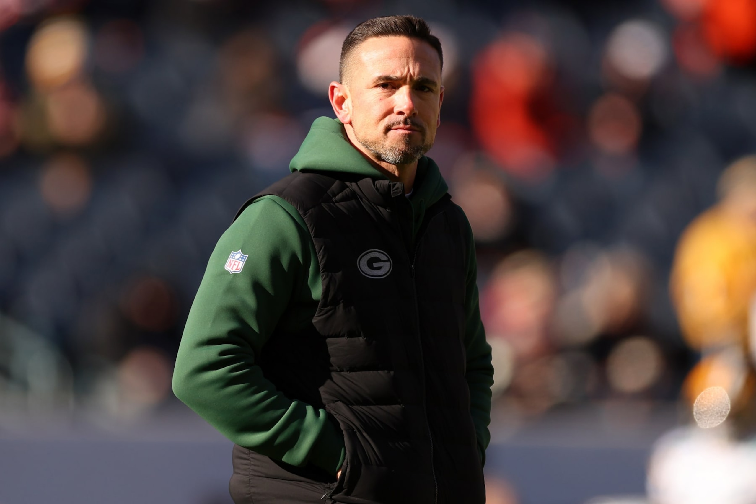 CHICAGO, ILLINOIS - DECEMBER 04: Head coach Matt LaFleur of the Green Bay Packers looks on before the game against the Chicago Bears at Soldier Field on December 04, 2022 in Chicago, Illinois. (Photo by Michael Reaves/Getty Images)