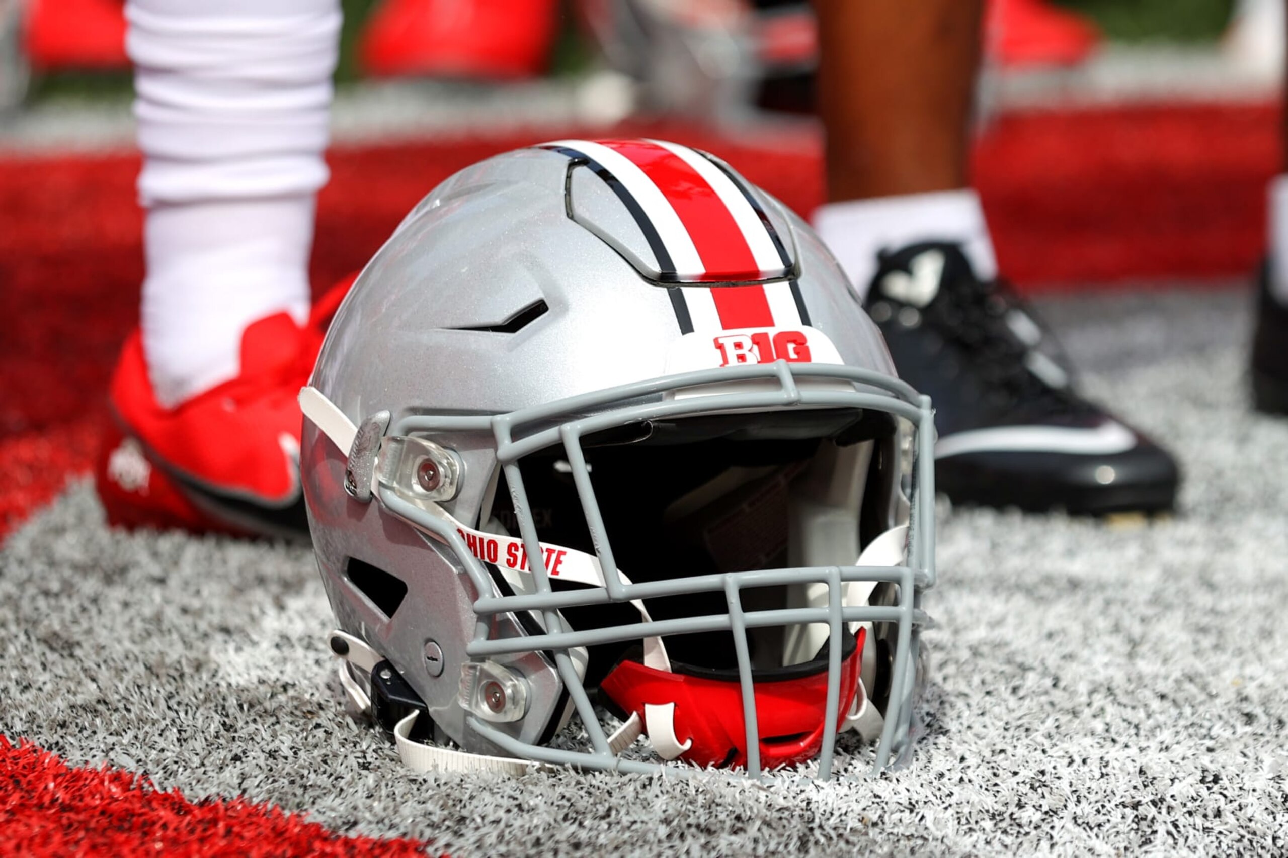 COLUMBUS, OH - SEPTEMBER 10: an Ohio State Buckeyes helmet on the sideline following the college football game between the Arkansas State Red Wolves and Ohio State Buckeyes on September 10, 2022, at Ohio Stadium in Columbus, OH. (Photo by Frank Jansky/Icon Sportswire via Getty Images)