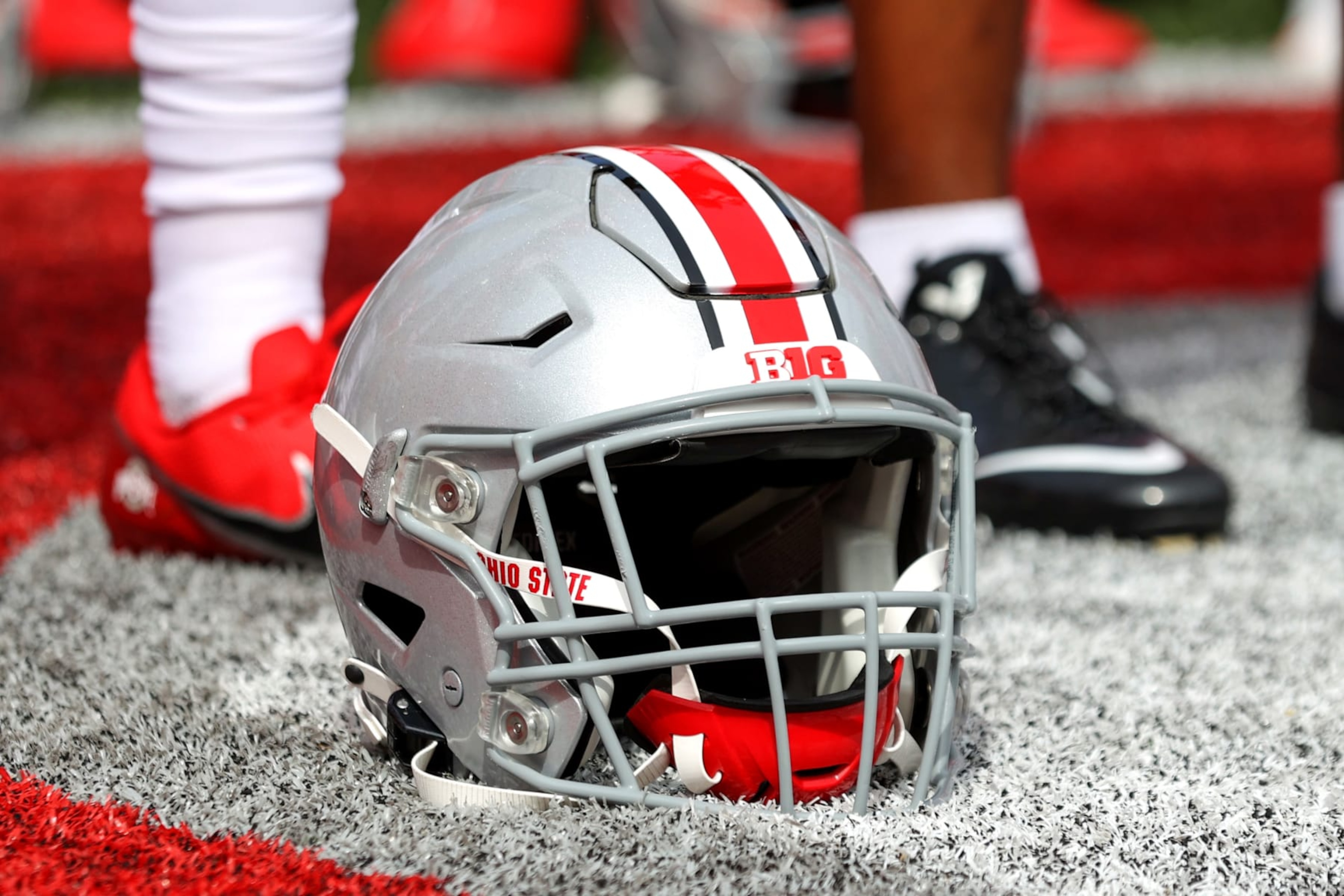 COLUMBUS, OH - SEPTEMBER 10: an Ohio State Buckeyes helmet on the sideline following the college football game between the Arkansas State Red Wolves and Ohio State Buckeyes on September 10, 2022, at Ohio Stadium in Columbus, OH. (Photo by Frank Jansky/Icon Sportswire via Getty Images)