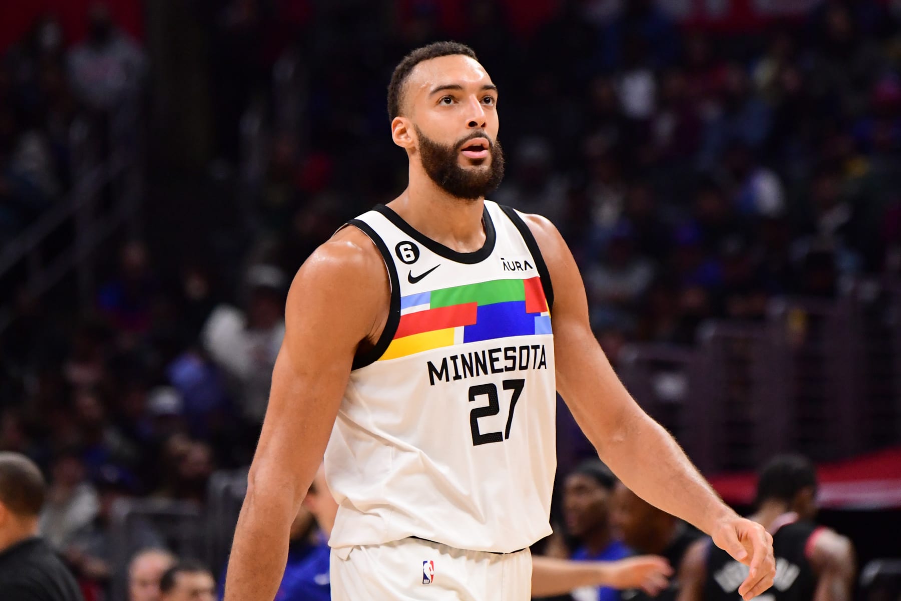 LOS ANGELES, CA - DECEMBER 14: Rudy Gobert #27 of the Minnesota Timberwolves looks on during the game against the LA Clippers on December 14, 2022 at Crypto.Com Arena in Los Angeles, California. NOTE TO USER: User expressly acknowledges and agrees that, by downloading and/or using this Photograph, user is consenting to the terms and conditions of the Getty Images License Agreement. Mandatory Copyright Notice: Copyright 2022 NBAE (Photo by Adam Pantozzi/NBAE via Getty Images)