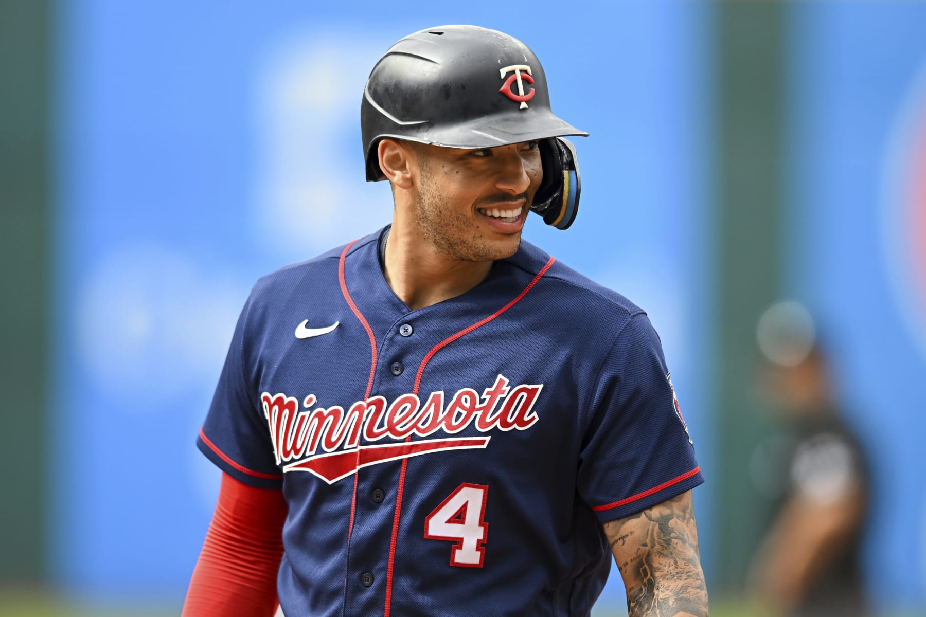 Minnesota Twins' Carlos Correa looks on during the fifth inning of a baseball game against the Cleveland Guardians, Monday, Sept. 19, 2022, in Cleveland. (AP Photo/Nick Cammett)