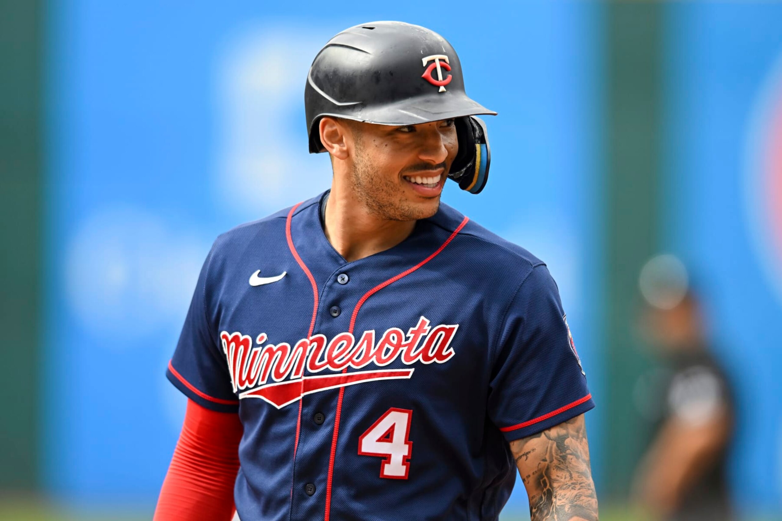Minnesota Twins' Carlos Correa looks on during the fifth inning of a baseball game against the Cleveland Guardians, Monday, Sept. 19, 2022, in Cleveland. (AP Photo/Nick Cammett)