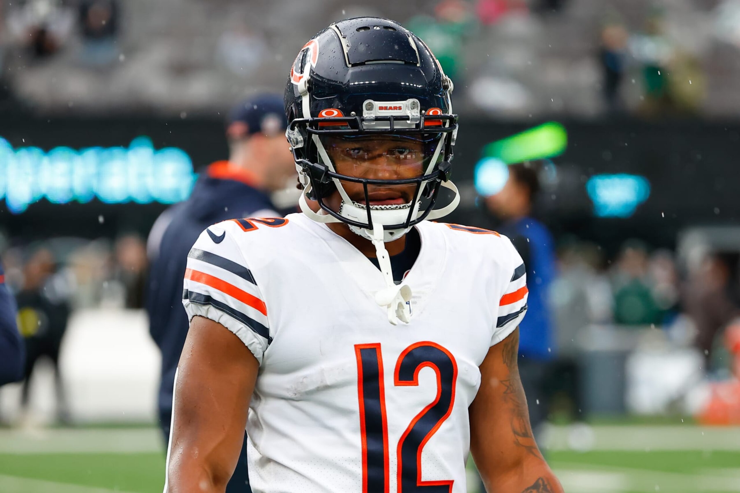 EAST RUTHERFORD, NJ - NOVEMBER 27:  Chicago Bears wide receiver Velus Jones Jr. (12) prior to the National Football League game between the New York Jets and the Chicago Bears on November 27, 2022 at MetLife Stadium in East Rutherford, New Jersey.   (Photo by Rich Graessle/Icon Sportswire via Getty Images)