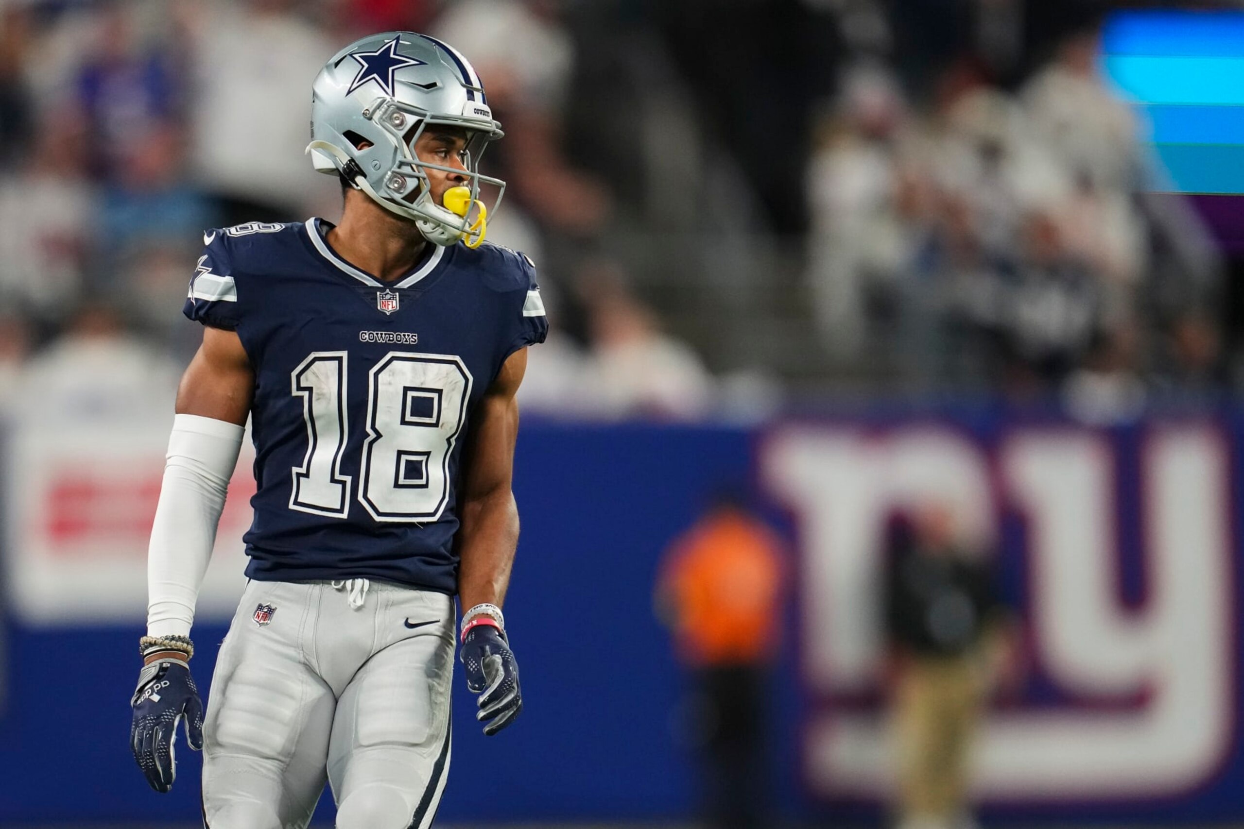 EAST RUTHERFORD, NJ - SEPTEMBER 26: Jalen Tolbert #18 of the Dallas Cowboys gets set against the New York Giants at MetLife Stadium on September 26, 2022 in East Rutherford, New Jersey. (Photo by Cooper Neill/Getty Images)