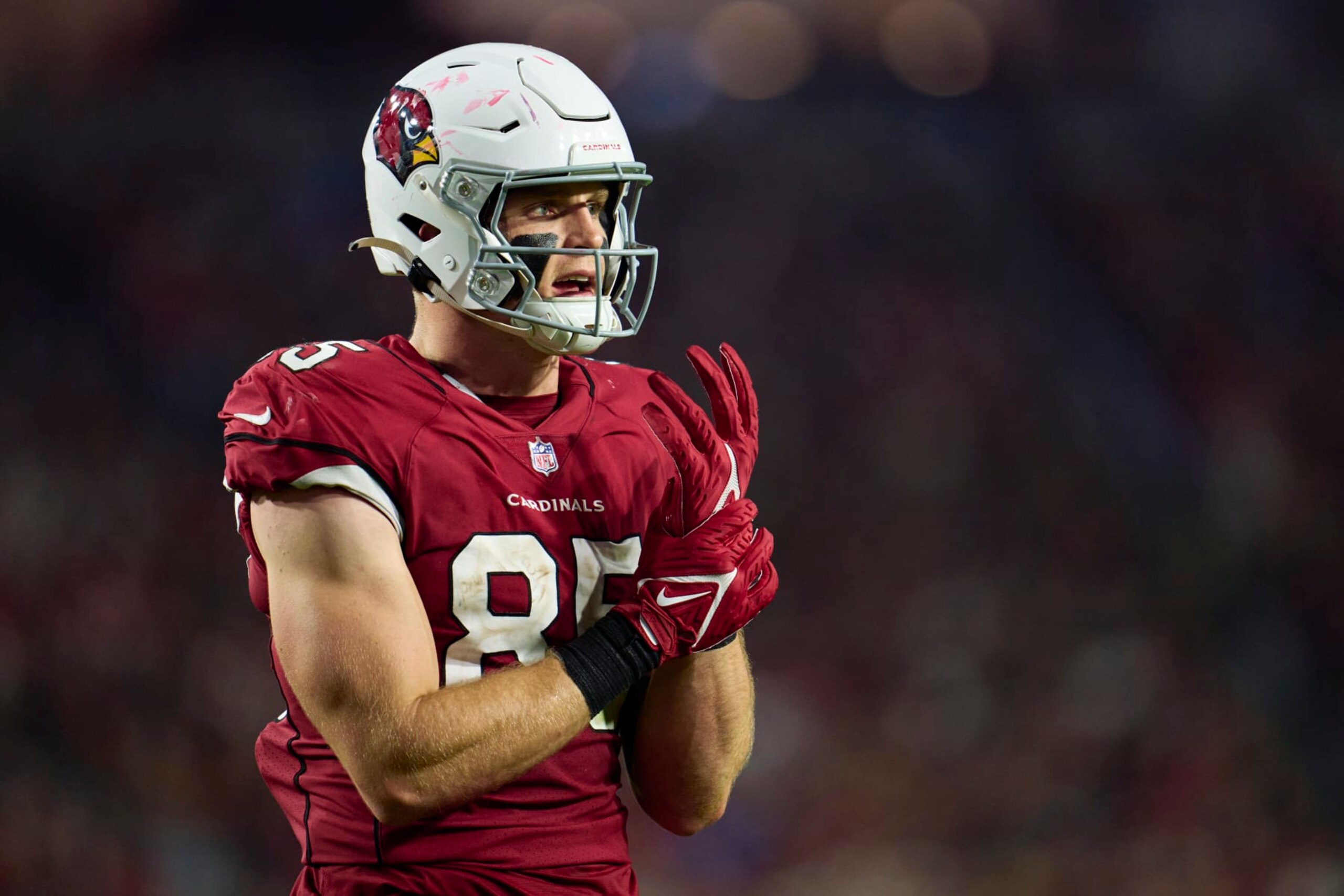 GLENDALE, AZ - DECEMBER 12: Trey McBride #85 of the Arizona Cardinals jogs onto the field against the New England Patriots during the second half at State Farm Stadium on December 12, 2022 in Glendale, Arizona. (Photo by Cooper Neill/Getty Images)