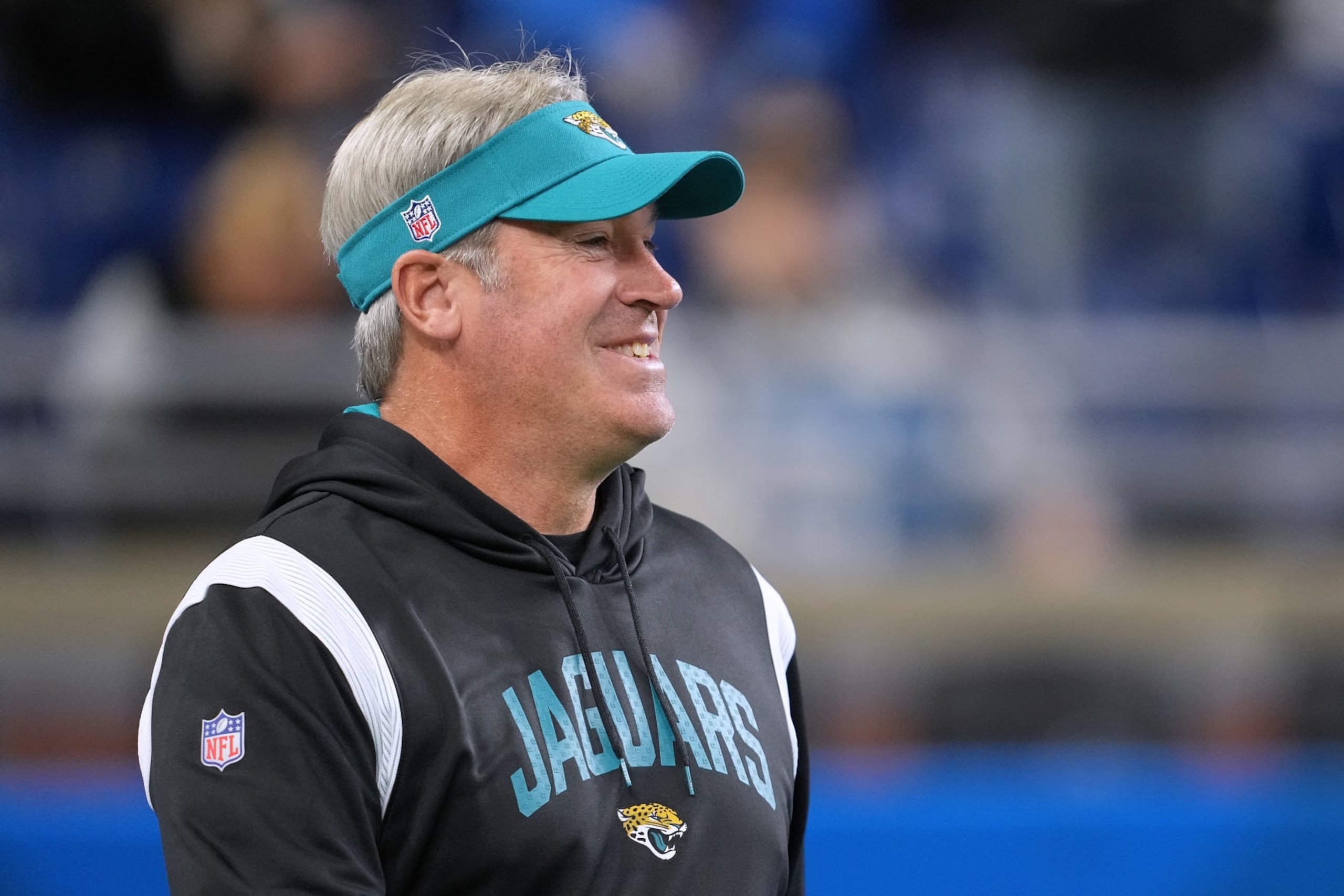 DETROIT, MICHIGAN - DECEMBER 04: Head coach Doug Pederson of the Jacksonville Jaguars looks on before the game against the Detroit Lions at Ford Field on December 04, 2022 in Detroit, Michigan. (Photo by Nic Antaya/Getty Images)