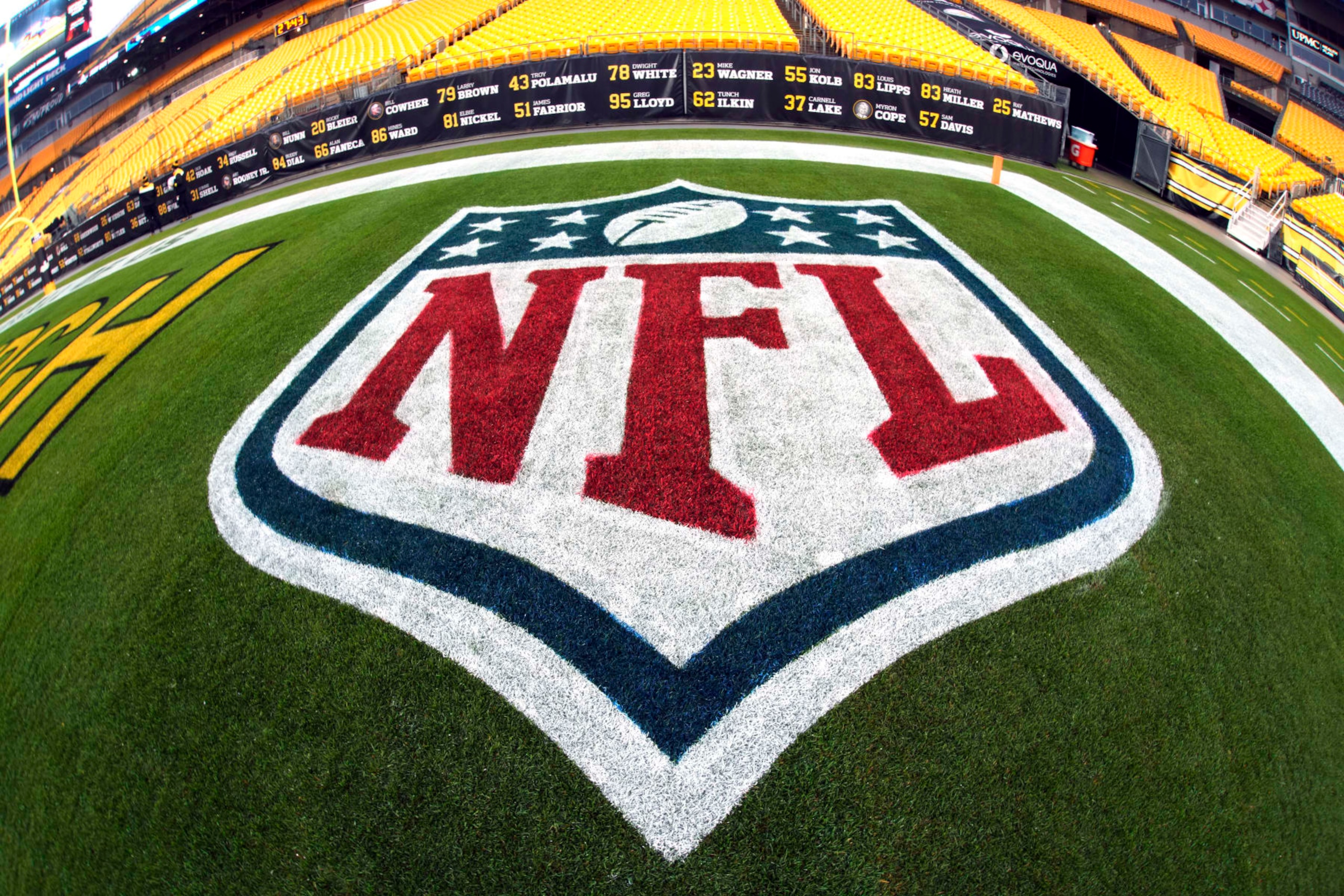 The NFL logo is painted in the end zone at Acrisure Stadium before an NFL football game between the Pittsburgh Steelers and the Baltimore Ravens in Pittsburgh, Sunday, Dec. 11, 2022. (AP Photo/Gene J. Puskar)
