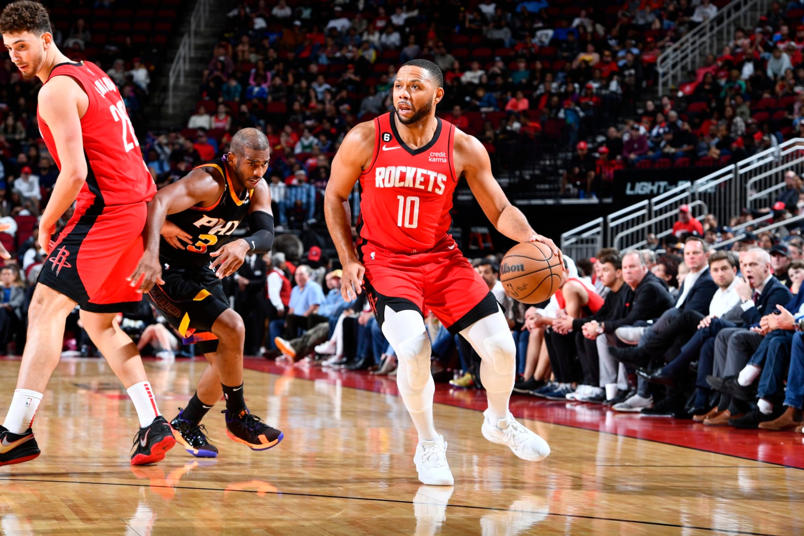 HOUSTON, TX - DECEMBER 13: Eric Gordon #10 of the Houston Rockets dribbles the ball during the game against the Phoenix Suns on December 13, 2022 at the Toyota Center in Houston, Texas. NOTE TO USER: User expressly acknowledges and agrees that, by downloading and or using this photograph, User is consenting to the terms and conditions of the Getty Images License Agreement. Mandatory Copyright Notice: Copyright 2022 NBAE (Photo by Logan Riely/NBAE via Getty Images) HOUSTON, TX - DECEMBER 13: Eric Gordon #10 of the Houston Rockets dribbles the ball during the game against the Phoenix Suns on December 13, 2022 at the Toyota Center in Houston, Texas. NOTE TO USER: User expressly acknowledges and agrees that, by downloading and or using this photograph, User is consenting to the terms and conditions of the Getty Images License Agreement. Mandatory Copyright Notice: Copyright 2022 NBAE (Photo by Logan Riely/NBAE via Getty Images)