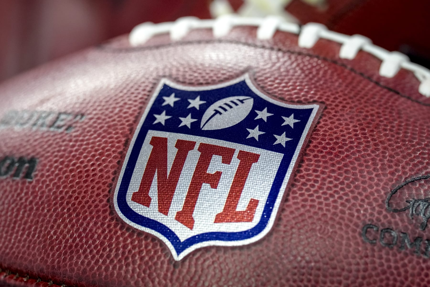 DETROIT, MICHIGAN - NOVEMBER 20: Wilson brand footballs with the NFL logo are pictured during the game between the Buffalo Bills and Cleveland Browns at Ford Field on November 20, 2022 in Detroit, Michigan. (Photo by Nic Antaya/Getty Images)