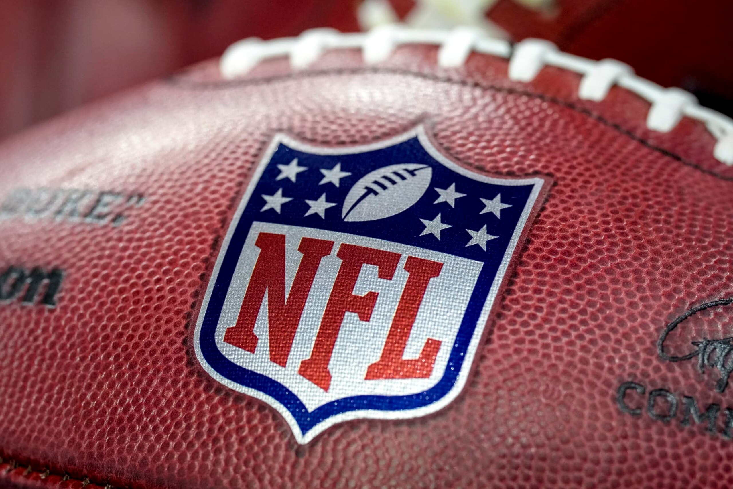DETROIT, MICHIGAN - NOVEMBER 20: Wilson brand footballs with the NFL logo are pictured during the game between the Buffalo Bills and Cleveland Browns at Ford Field on November 20, 2022 in Detroit, Michigan. (Photo by Nic Antaya/Getty Images)