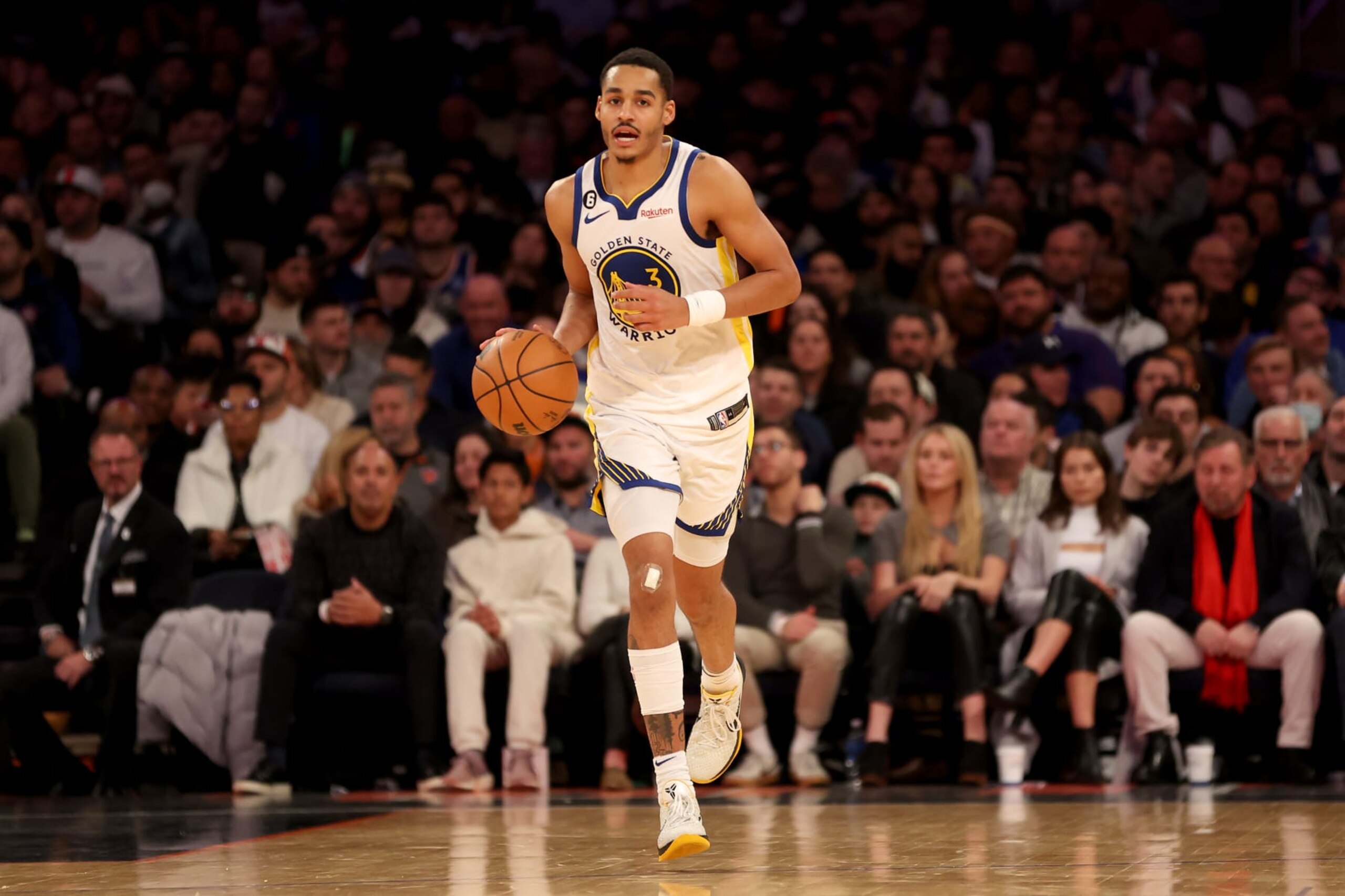 NEW YORK, NEW YORK - DECEMBER 20: Jordan Poole #3 of the Golden State Warriors dribbles against the New York Knicks during the second quarter of the game at Madison Square Garden on December 20, 2022 in New York City. NOTE TO USER: User expressly acknowledges and agrees that, by downloading and/or using this photograph, User is consenting to the terms and conditions of the Getty Images License Agreement. (Photo by Sarah Stier/Getty Images)