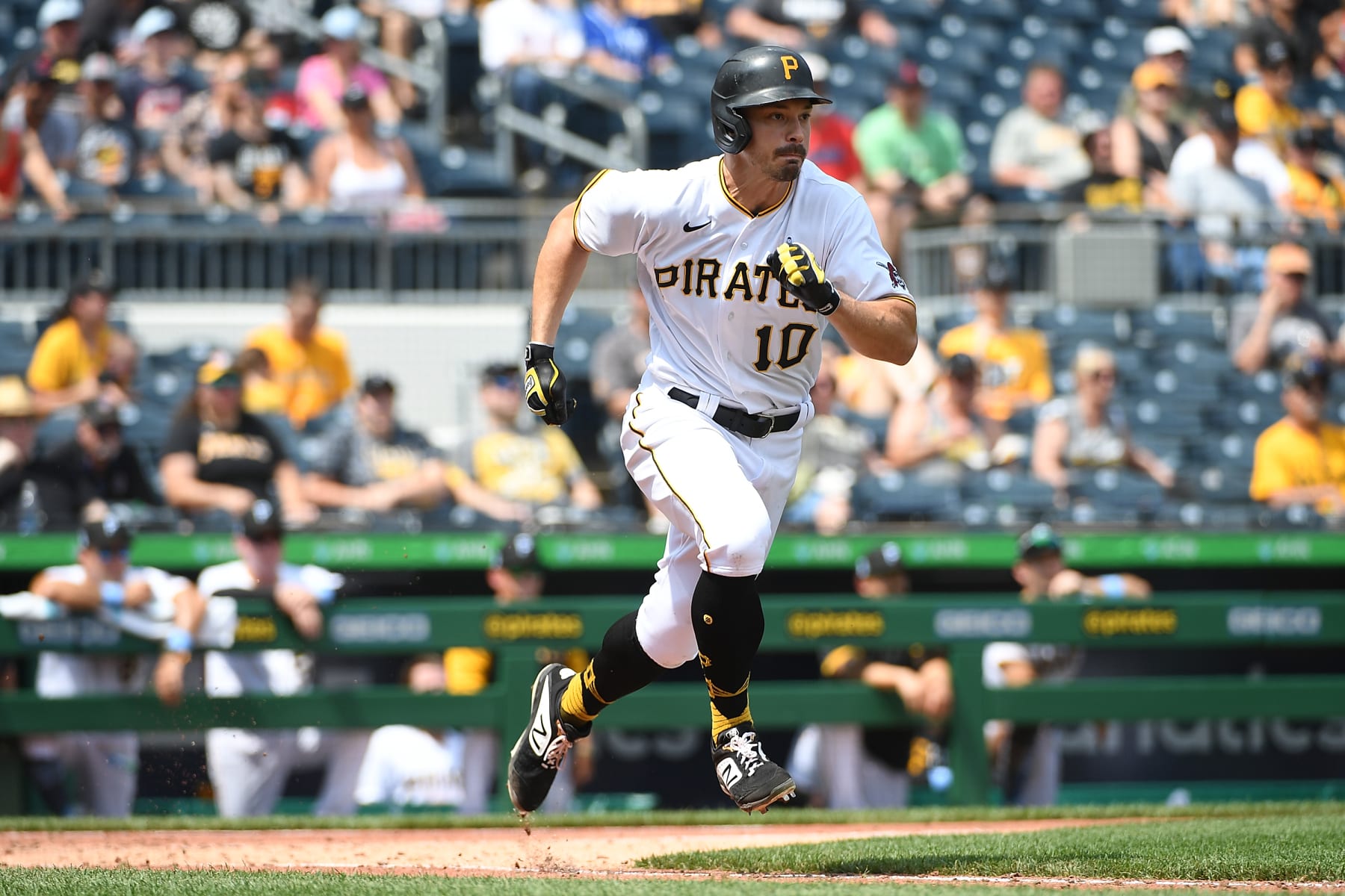 PITTSBURGH, PA - JUNE 20: Bryan Reynolds #10 of the Pittsburgh Pirates in action during the game against the Cleveland Indians at PNC Park on June 20, 2021 in Pittsburgh, Pennsylvania. (Photo by Justin Berl/Getty Images)