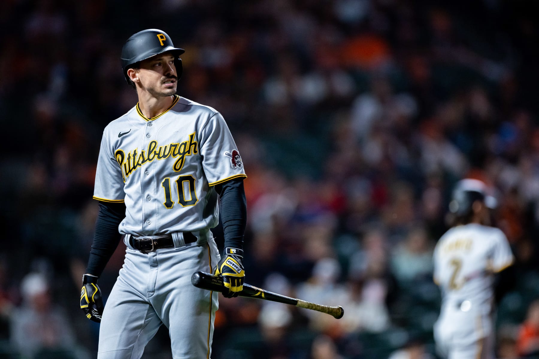 SAN FRANCISCO, CA - AUGUST 12: Pittsburgh Pirates center fielder Bryan Reynolds (10) walks back to the dugout after striking out during the MLB professional baseball game between the Pittsburgh Pirates and the San Francisco Giants on August 12, 2022 at Oracle Park in San Francisco, CA. (Photo by Bob Kupbens/Icon Sportswire via Getty Images)