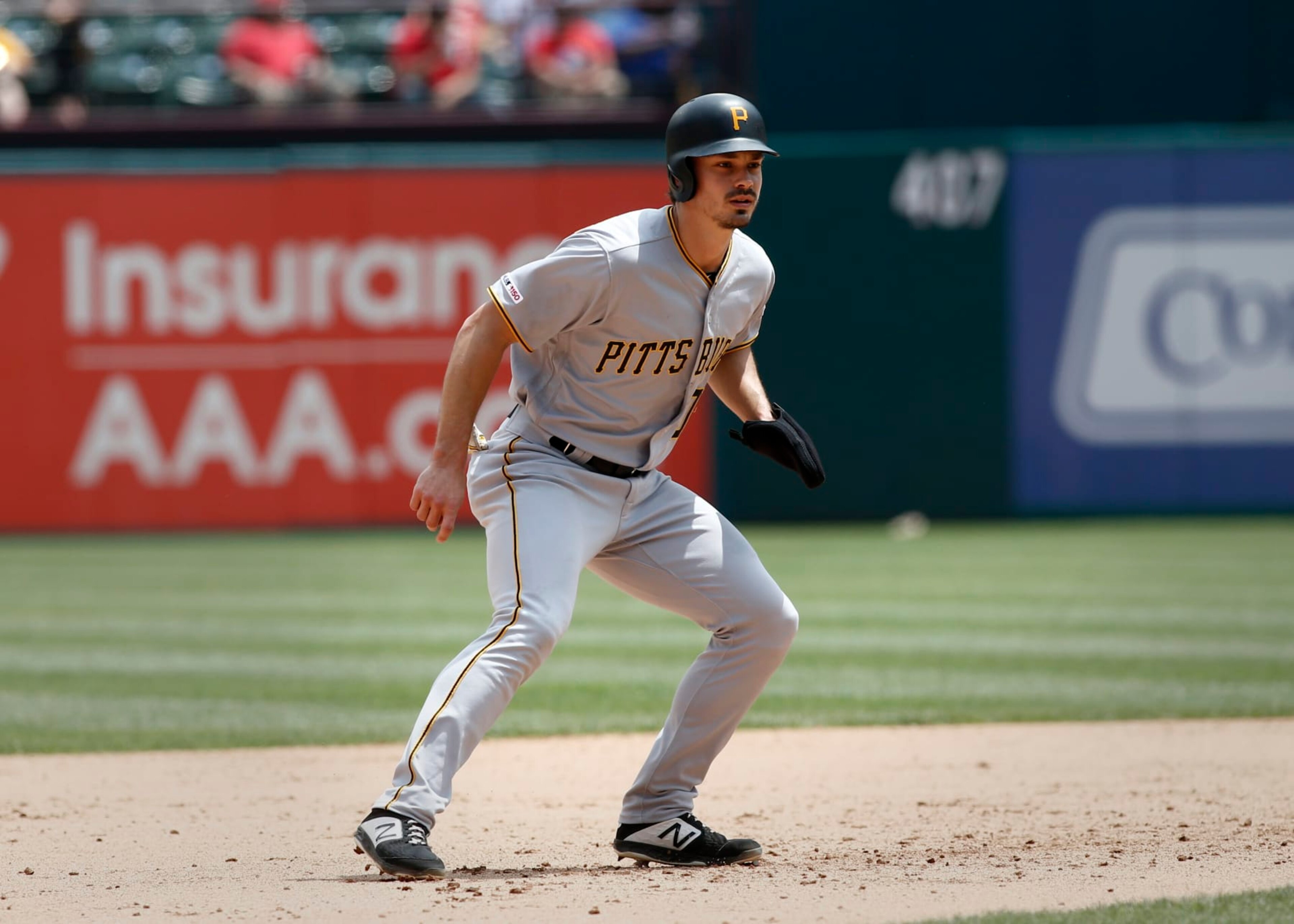 Pittsburgh Pirates' Bryan Reynolds(10) leads off second base against the Texas Rangers during the fourth inning of a baseball game Wednesday May 1, 2019, in Arlington, Texas. Reynolds doubled to drive in three runs. (AP Photo/Mike Stone) Pittsburgh Pirates' Bryan Reynolds(10) leads off second base against the Texas Rangers during the fourth inning of a baseball game Wednesday May 1, 2019, in Arlington, Texas. Reynolds doubled to drive in three runs. (AP Photo/Mike Stone)