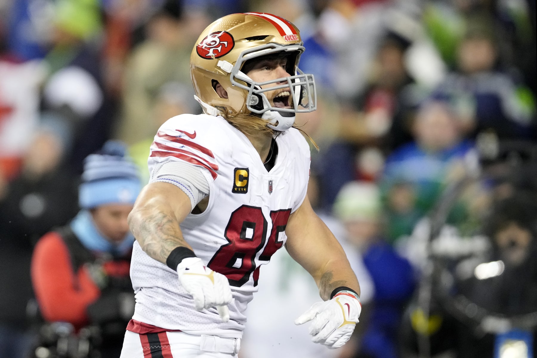 SEATTLE, WASHINGTON - DECEMBER 15: George Kittle #85 of the San Francisco 49ers celebrates after scoring a touchdown against the Seattle Seahawks during the third quarter of the game at Lumen Field on December 15, 2022 in Seattle, Washington. (Photo by Christopher Mast/Getty Images) SEATTLE, WASHINGTON - DECEMBER 15: George Kittle #85 of the San Francisco 49ers celebrates after scoring a touchdown against the Seattle Seahawks during the third quarter of the game at Lumen Field on December 15, 2022 in Seattle, Washington. (Photo by Christopher Mast/Getty Images)