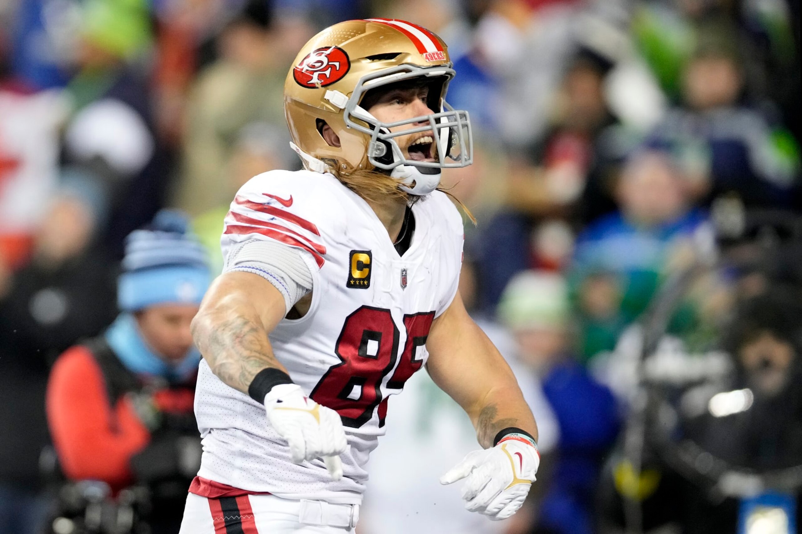 SEATTLE, WASHINGTON - DECEMBER 15: George Kittle #85 of the San Francisco 49ers celebrates after scoring a touchdown against the Seattle Seahawks during the third quarter of the game at Lumen Field on December 15, 2022 in Seattle, Washington. (Photo by Christopher Mast/Getty Images) SEATTLE, WASHINGTON - DECEMBER 15: George Kittle #85 of the San Francisco 49ers celebrates after scoring a touchdown against the Seattle Seahawks during the third quarter of the game at Lumen Field on December 15, 2022 in Seattle, Washington. (Photo by Christopher Mast/Getty Images)