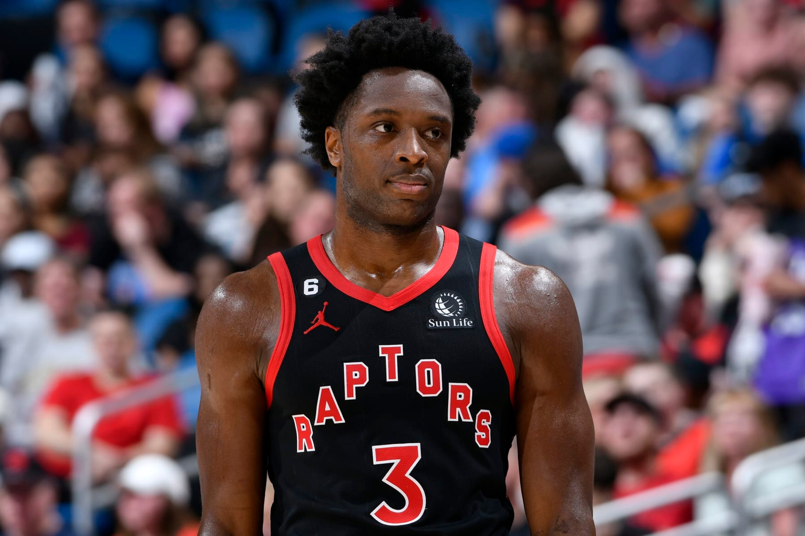 ORLANDO, FL - DECEMBER 9: OG Anunoby #3 of the Toronto Raptors looks on during the game against the Orlando Magic on December 9, 2022 at Amway Center in Orlando, Florida. NOTE TO USER: User expressly acknowledges and agrees that, by downloading and or using this photograph, User is consenting to the terms and conditions of the Getty Images License Agreement. Mandatory Copyright Notice: Copyright 2022 NBAE (Photo by Fernando Medina/NBAE via Getty Images)