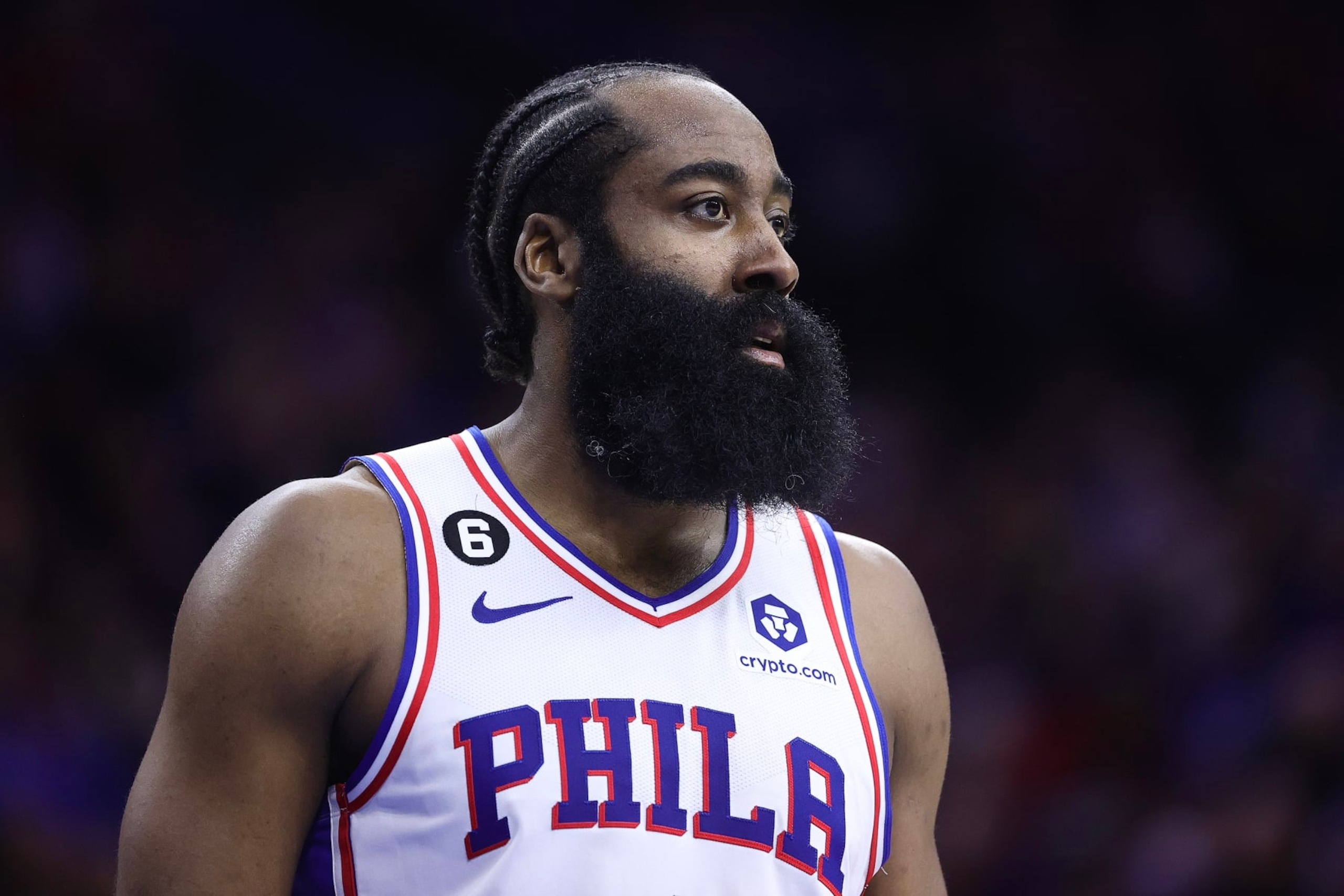 PHILADELPHIA, PENNSYLVANIA - DECEMBER 19: James Harden #1 of the Philadelphia 76ers looks on during the fourth quarter atori  at Wells Fargo Center on December 19, 2022 in Philadelphia, Pennsylvania. NOTE TO USER: User expressly acknowledges and agrees that, by downloading and or using this photograph, User is consenting to the terms and conditions of the Getty Images License Agreement. (Photo by Tim Nwachukwu/Getty Images)