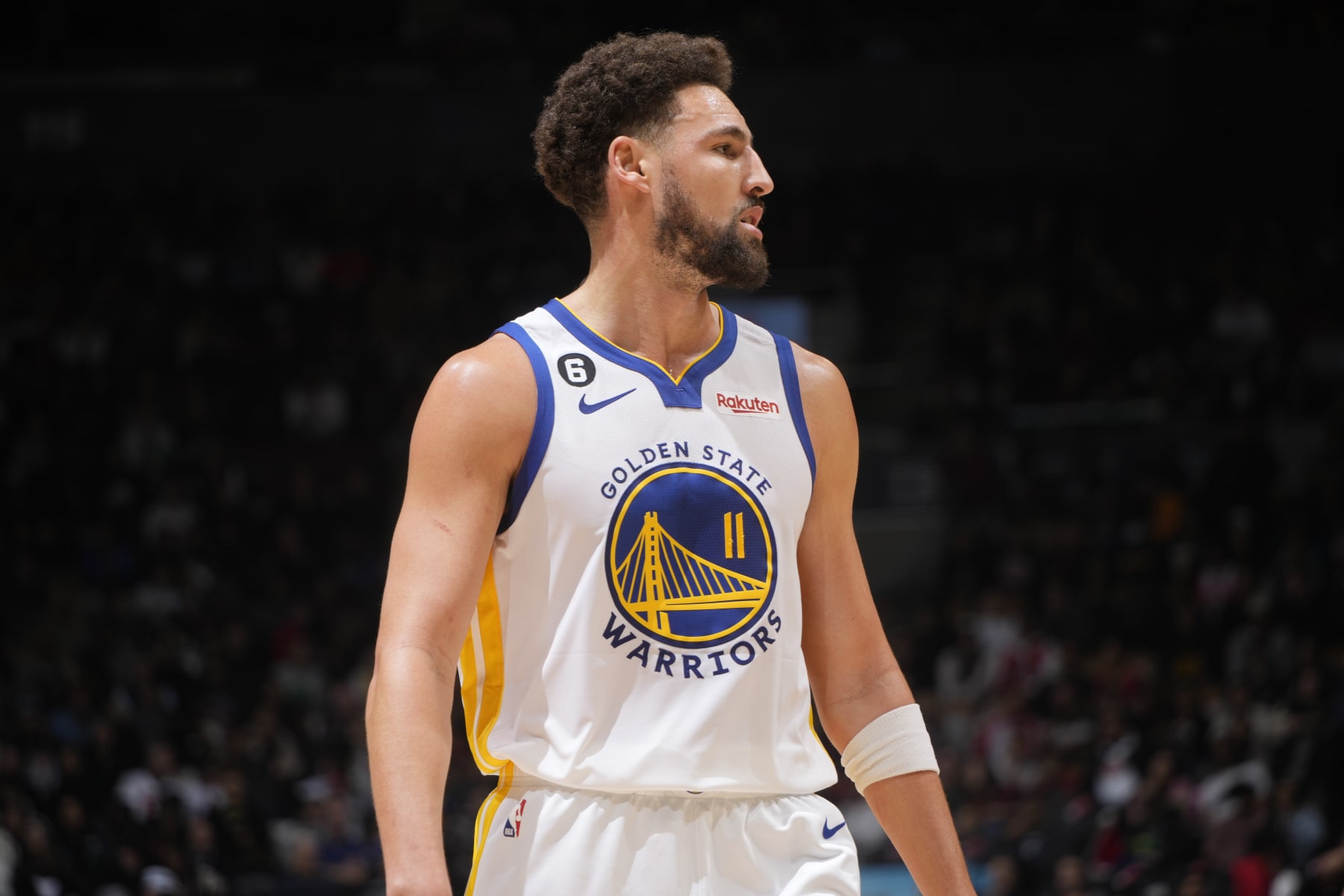 TORONTO, CANADA - DECEMBER 18: Klay Thompson #11 of the Golden State Warriors looks on during the game against the Toronto Raptors on December 18, 2022 at the Scotiabank Arena in Toronto, Ontario, Canada.  NOTE TO USER: User expressly acknowledges and agrees that, by downloading and or using this Photograph, user is consenting to the terms and conditions of the Getty Images License Agreement.  Mandatory Copyright Notice: Copyright 2022 NBAE (Photo by Mark Blinch/NBAE via Getty Images)