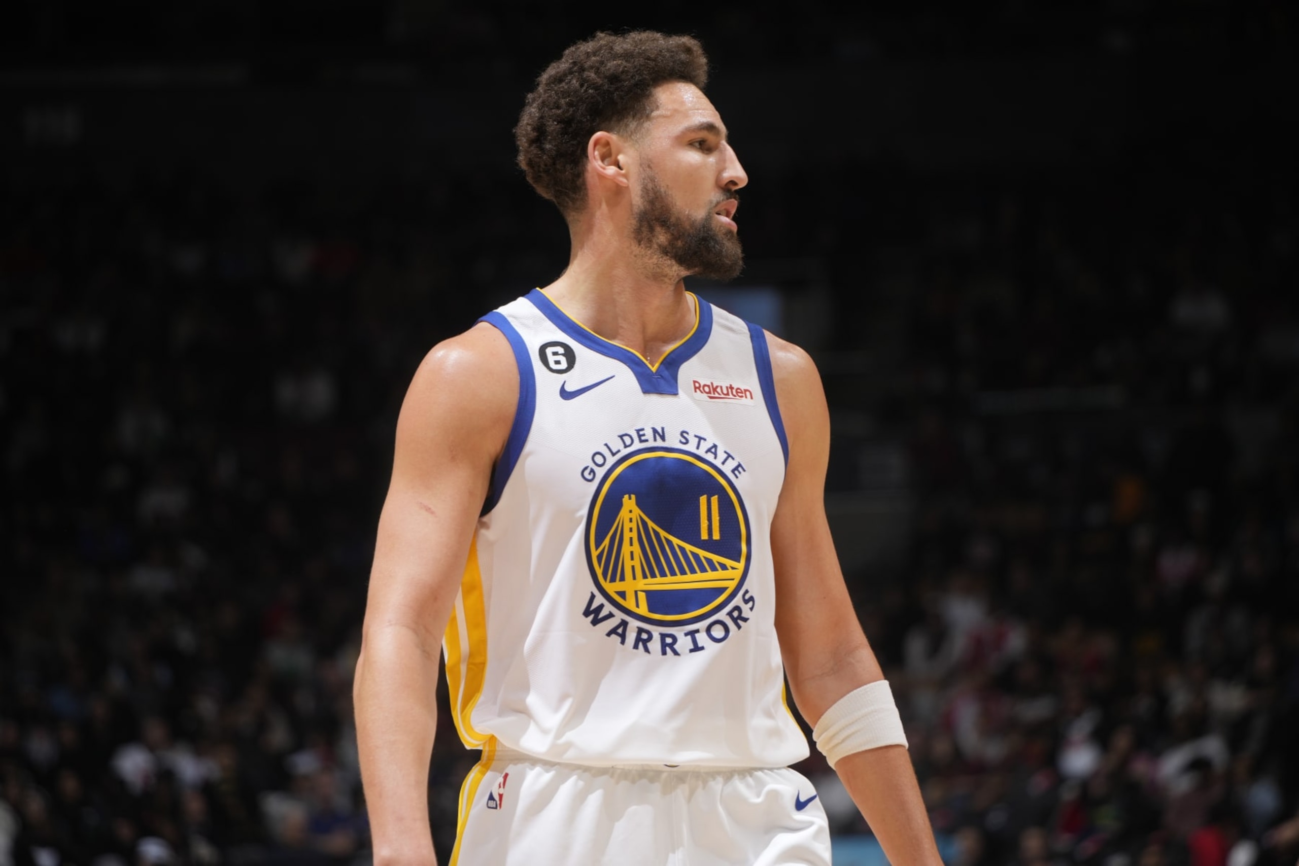 TORONTO, CANADA - DECEMBER 18: Klay Thompson #11 of the Golden State Warriors looks on during the game against the Toronto Raptors on December 18, 2022 at the Scotiabank Arena in Toronto, Ontario, Canada.  NOTE TO USER: User expressly acknowledges and agrees that, by downloading and or using this Photograph, user is consenting to the terms and conditions of the Getty Images License Agreement.  Mandatory Copyright Notice: Copyright 2022 NBAE (Photo by Mark Blinch/NBAE via Getty Images)