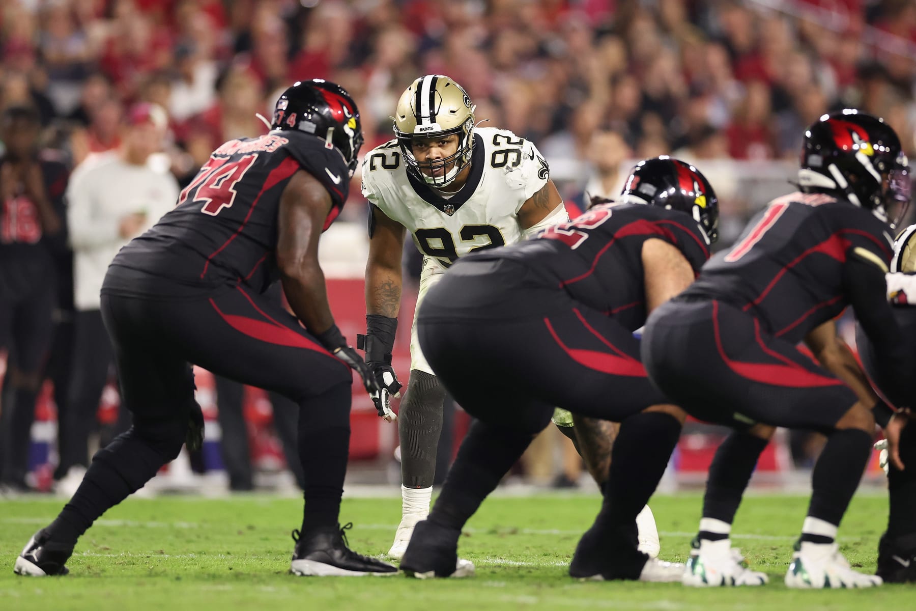 GLENDALE, ARIZONA - OCTOBER 20: Defensive end Marcus Davenport #92 of the New Orleans Saints lines up during the NFL game at State Farm Stadium on October 20, 2022 in Glendale, Arizona. The Cardinals defeated the Saints 42-34.  (Photo by Christian Petersen/Getty Images)