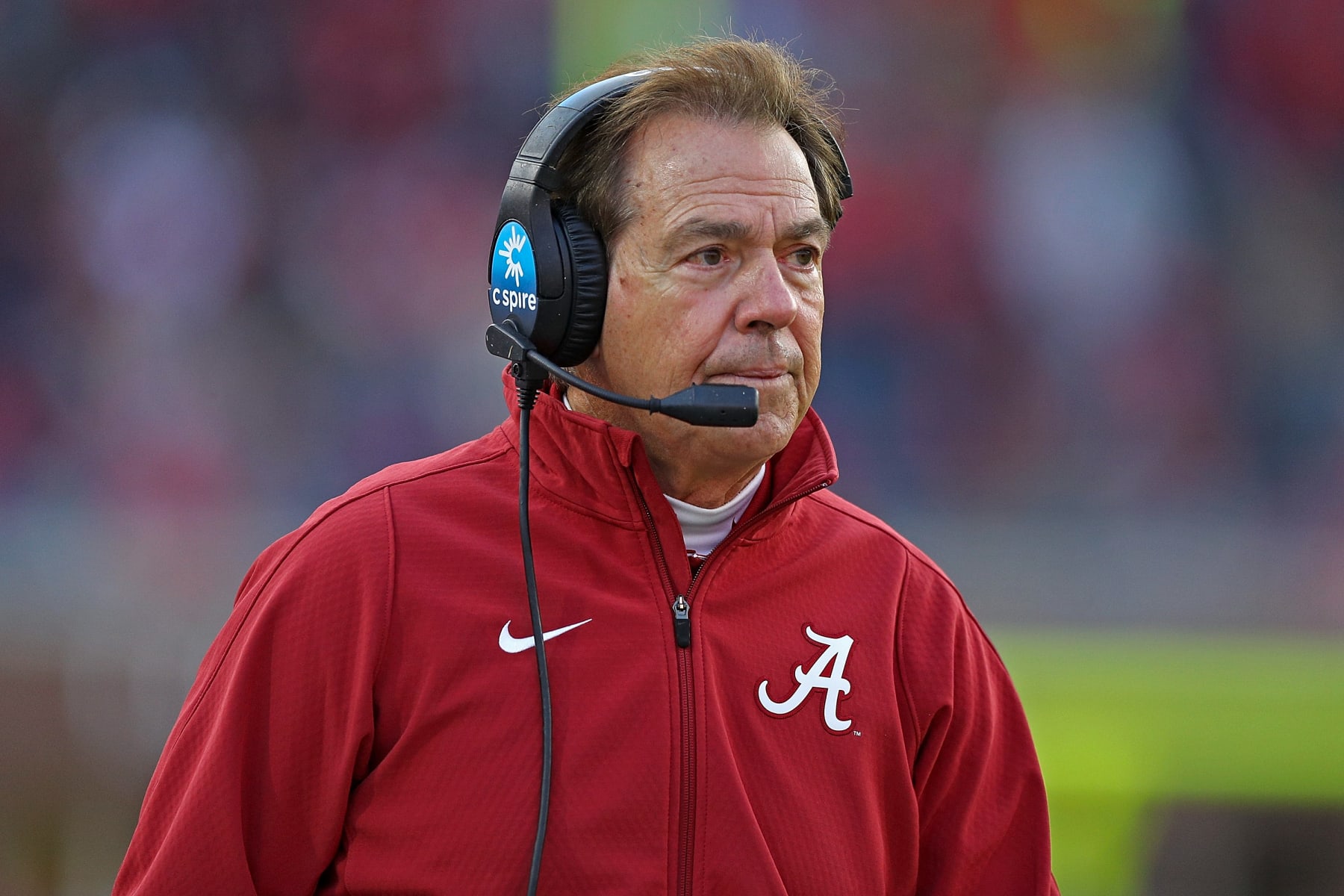 OXFORD, MISSISSIPPI - NOVEMBER 12: head coach Nick Saban of the Alabama Crimson Tide  during the game against the Mississippi Rebels at Vaught-Hemingway Stadium on November 12, 2022 in Oxford, Mississippi. (Photo by Justin Ford/Getty Images)